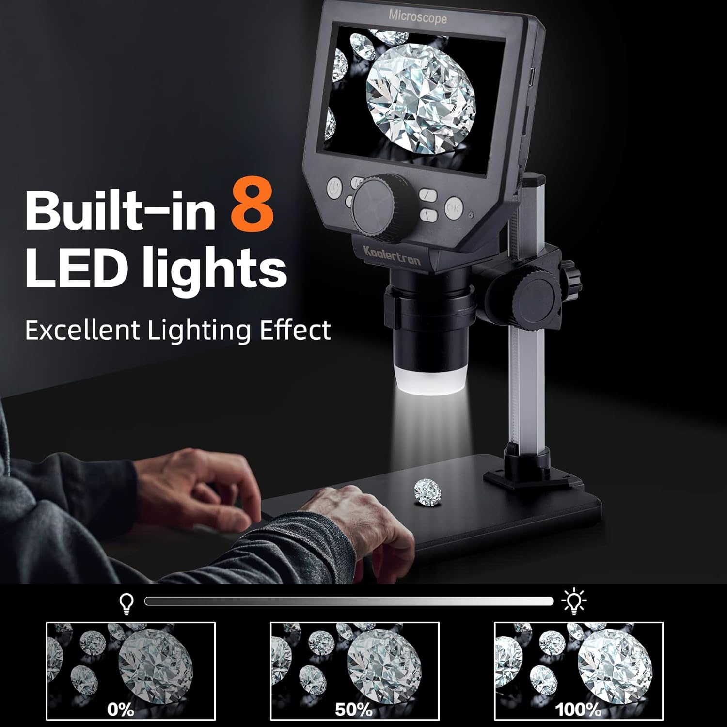 Microscop digital LCD 4.3” HD, 8MP, zoom 1-1000X, 8 LED-uri, baterie reincarcabila si suport PC