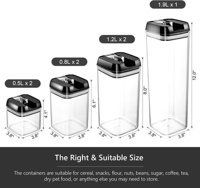 Set de 7 recipiente pentru alimente, plastic, transparent,capac negru, potrivite pentru depozitarea de cereale