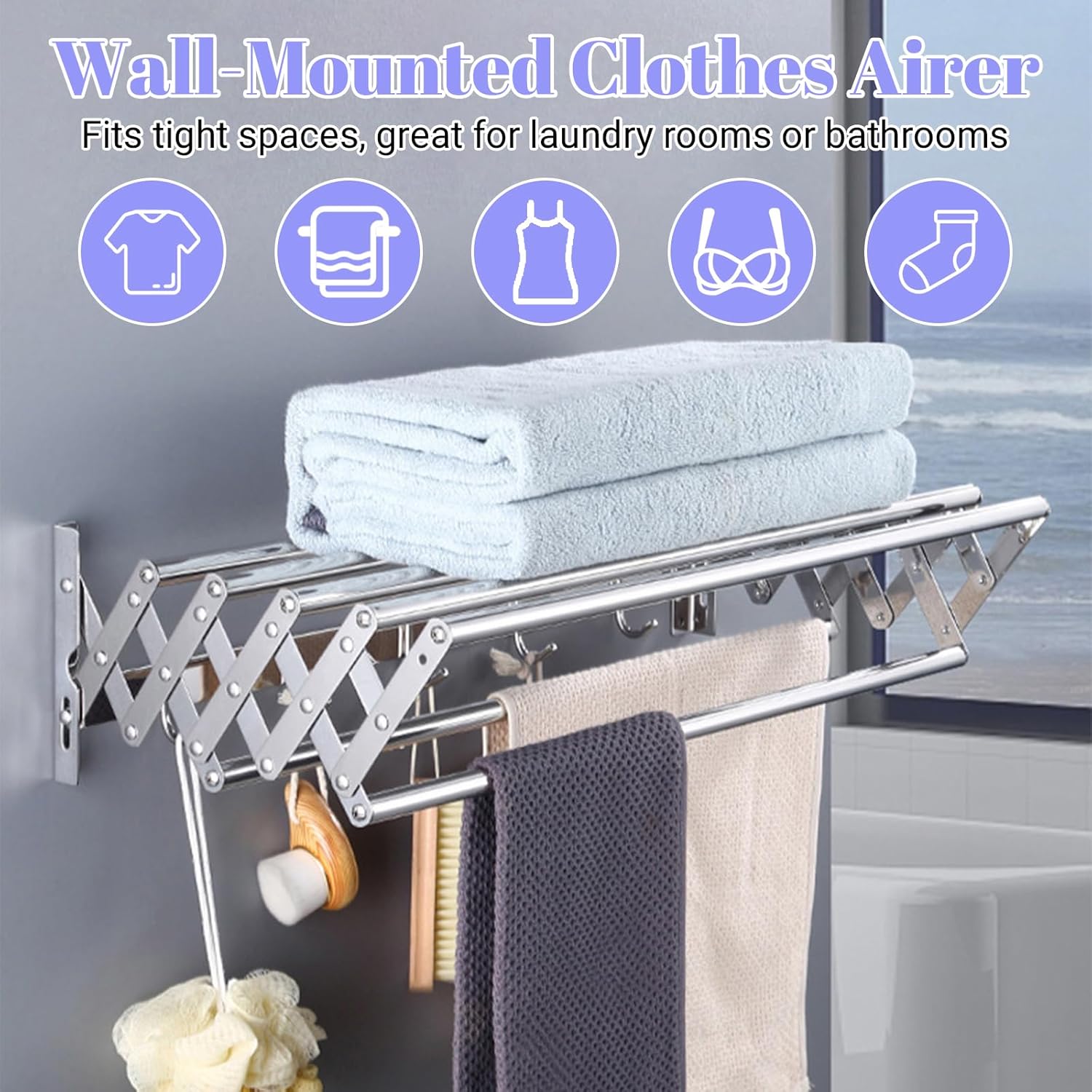 Suport pliabil pentru prosoape, inox, 7 bare, 5 carlige, 12-35.5 cm x 58 cm x 14.5 cm, argintiu