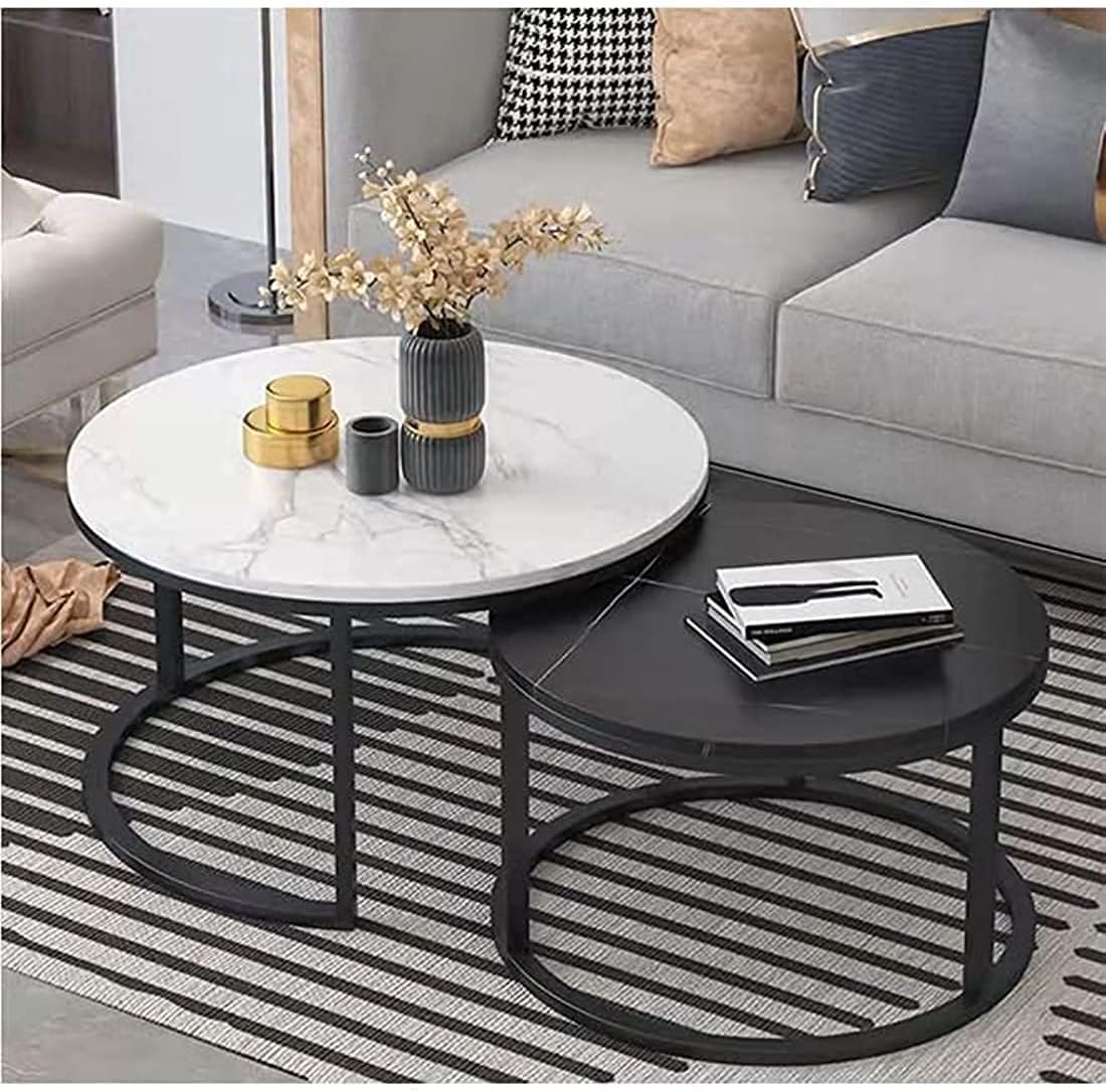 RESIGILAT - Set 2 masute rotunde de cafea cu efect de marmura, diametru 80/60 cm, blat MDF, cadru metalic