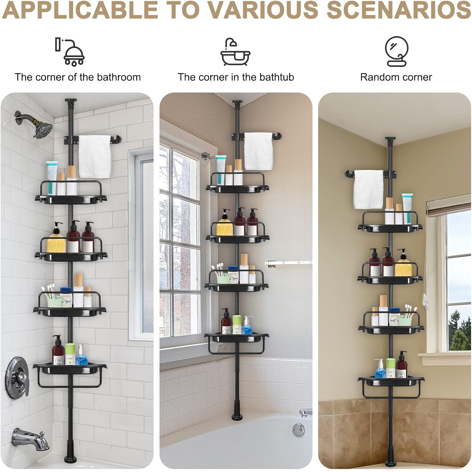 Etajera colt pentru baie si dus, 4 sau 5 rafturi, inaltime reglabila 320 cm, montare pe colt