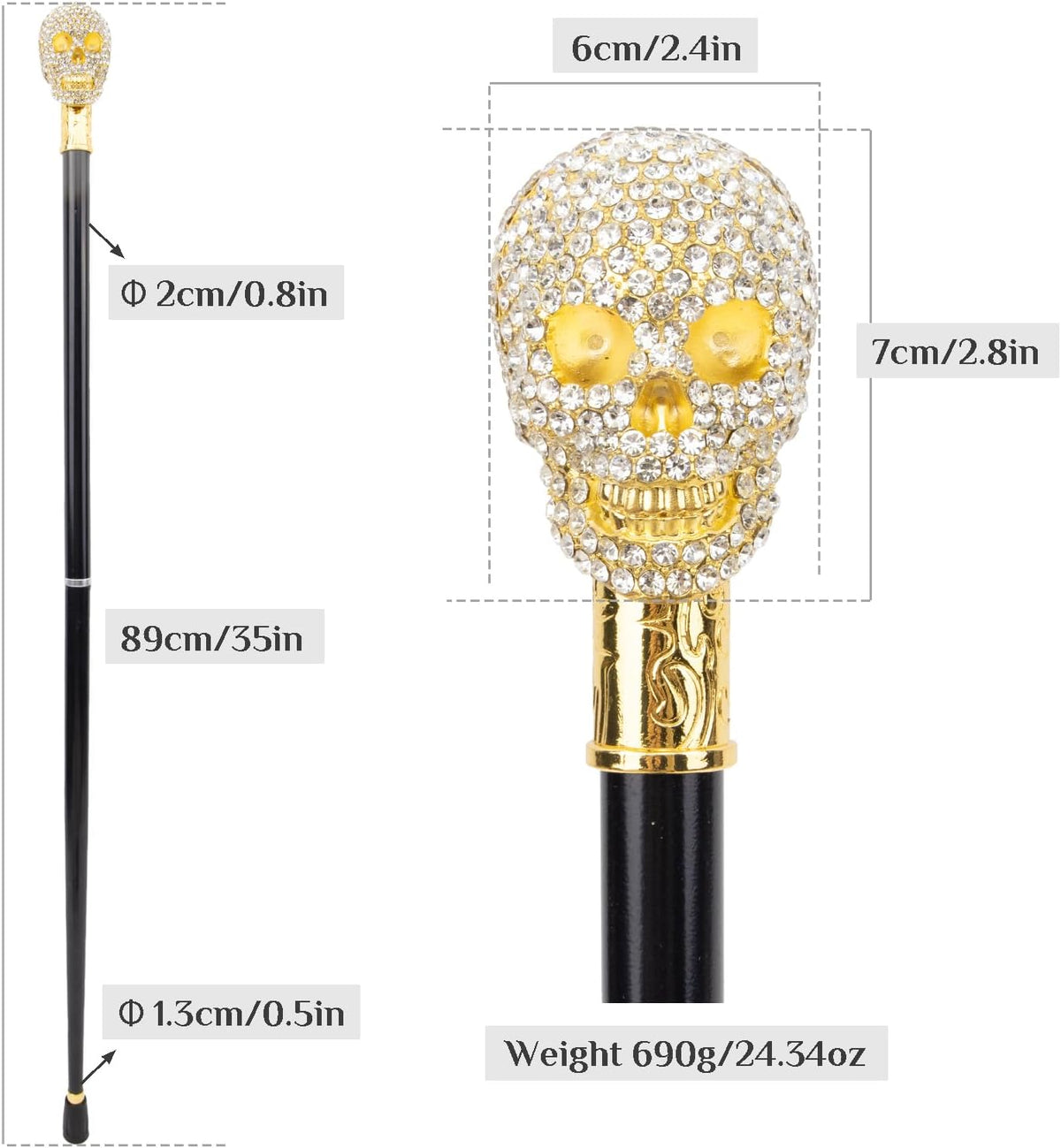 Baston de mers la moda cu cap de craniu auriu, 90 CM