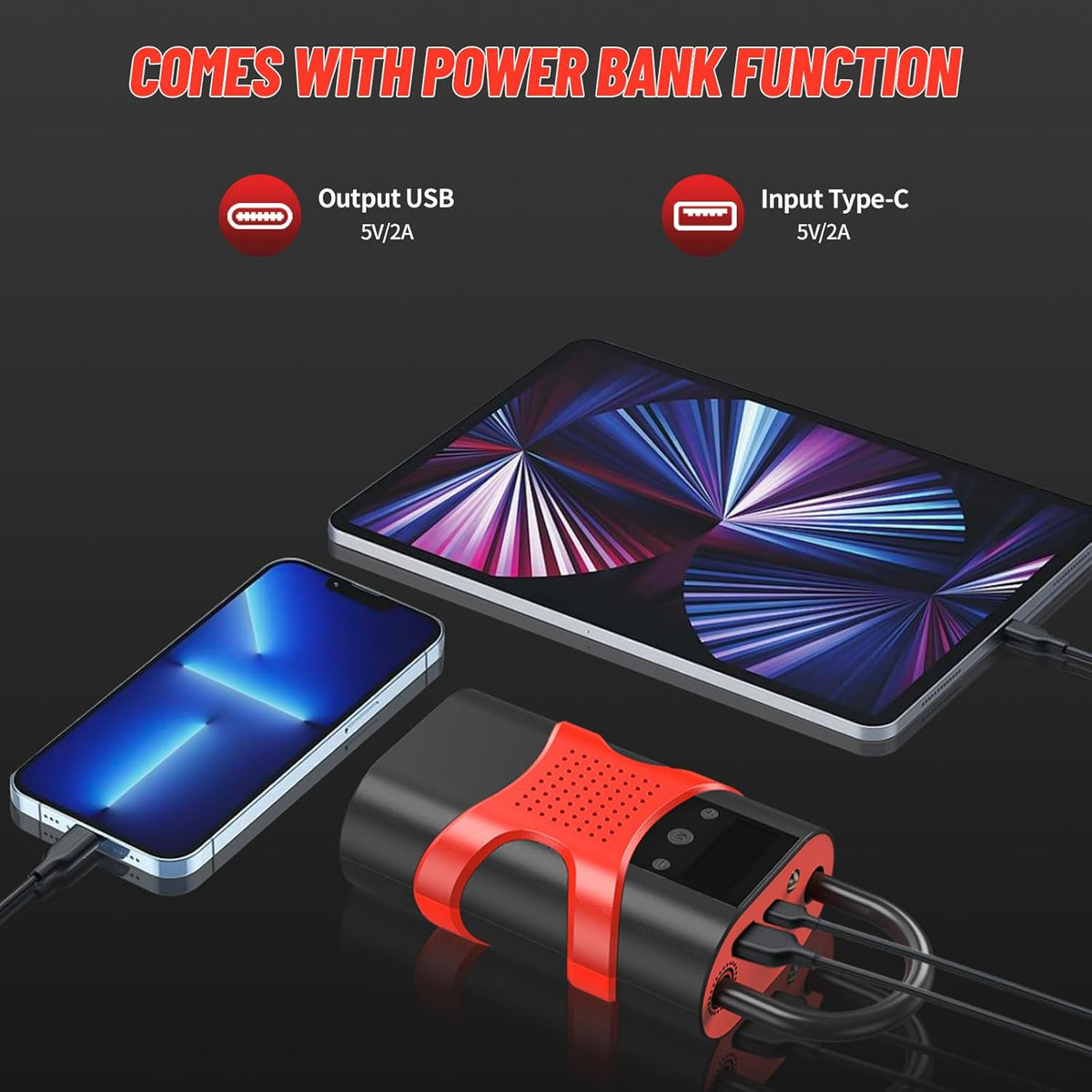 Starter auto multifunctional, portabil, 12000mAh powerbank, cu compresor, USB, afisaj LCD, lanterna, pornire auto