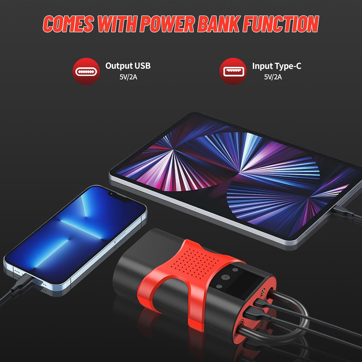 Starter auto multifunctional, portabil, 12000mAh powerbank, cu compresor, USB, afisaj LCD, lanterna, pornire auto