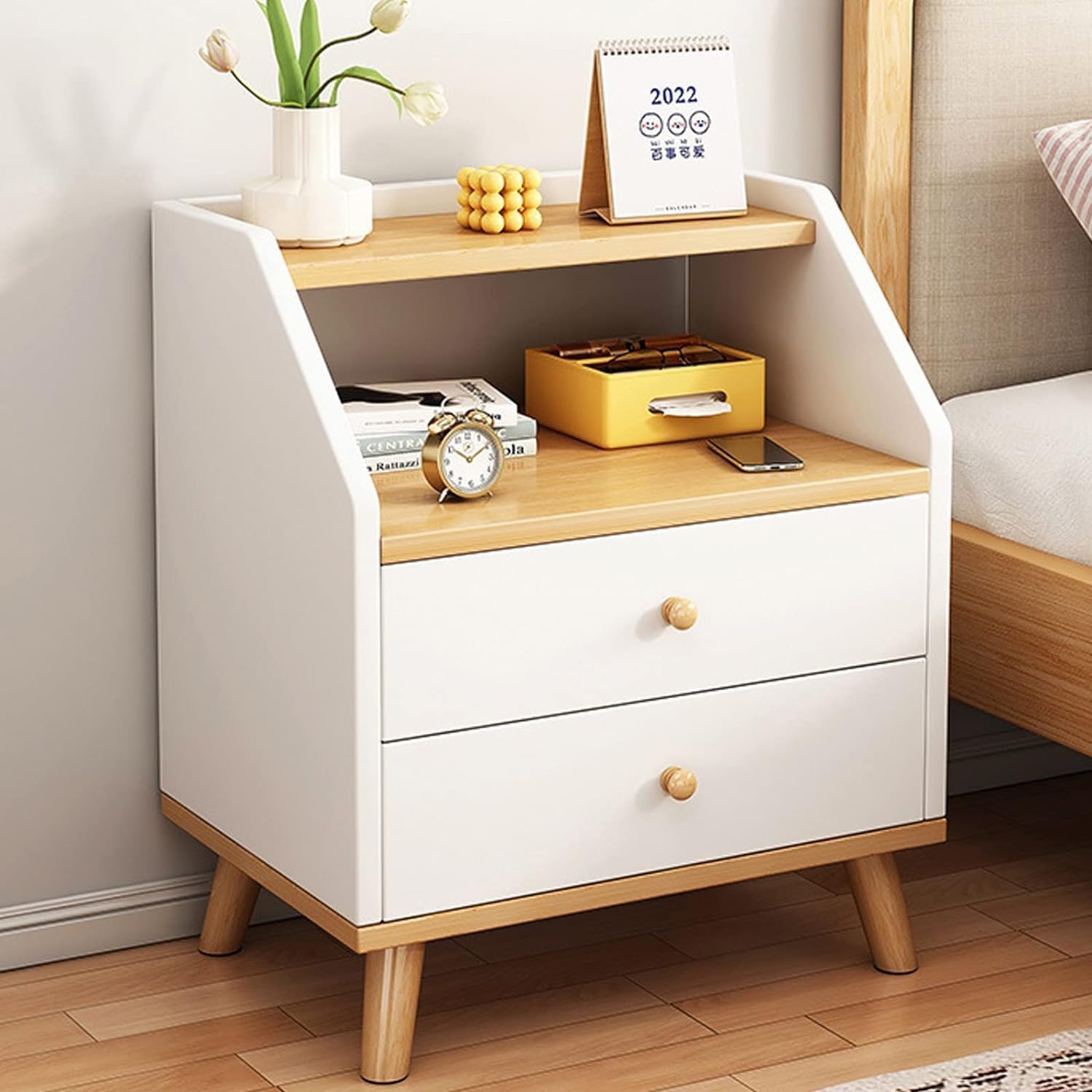 Noptiera moderna cu 2 sertare, raft si picioare, 40x30x53cm