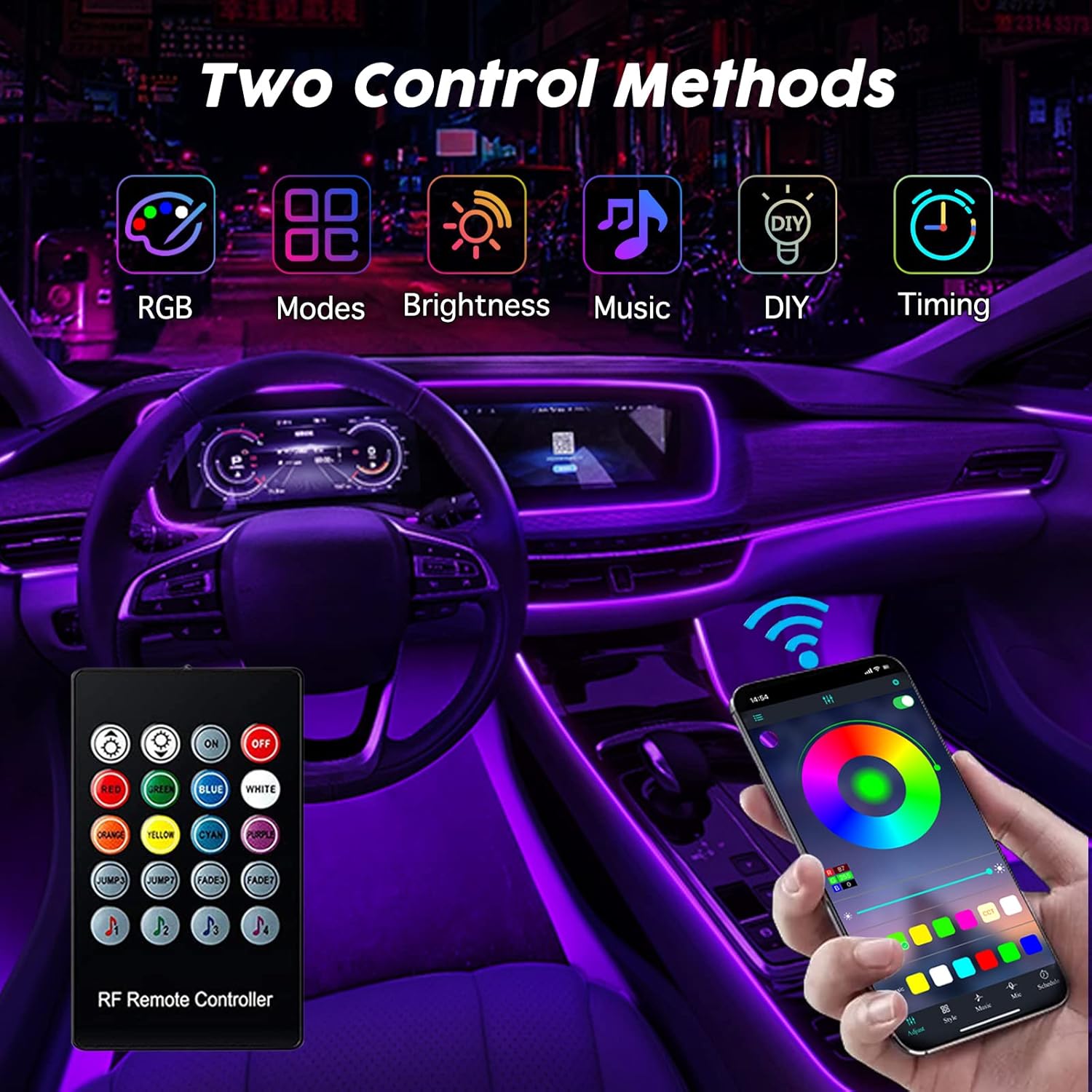 Set lumini ambientale premium, auto, pentru bord si usi lungime fir 6M, 5 unitati, aplicatie dedicata iOS, Android, telecomanda