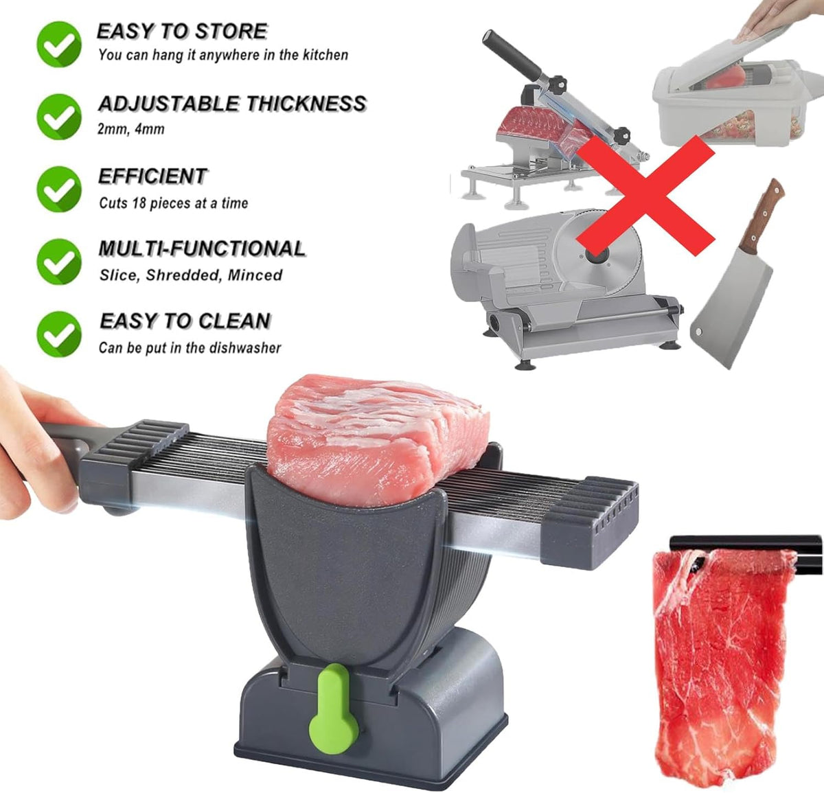 Feliator Profesional pentru Carne cu Lame Multiple din Inox Alimentar si Grosime Ajustabila (2-4mm) – Ideal pentru Tartar, Fasii, Felii si Cuburi de Carne