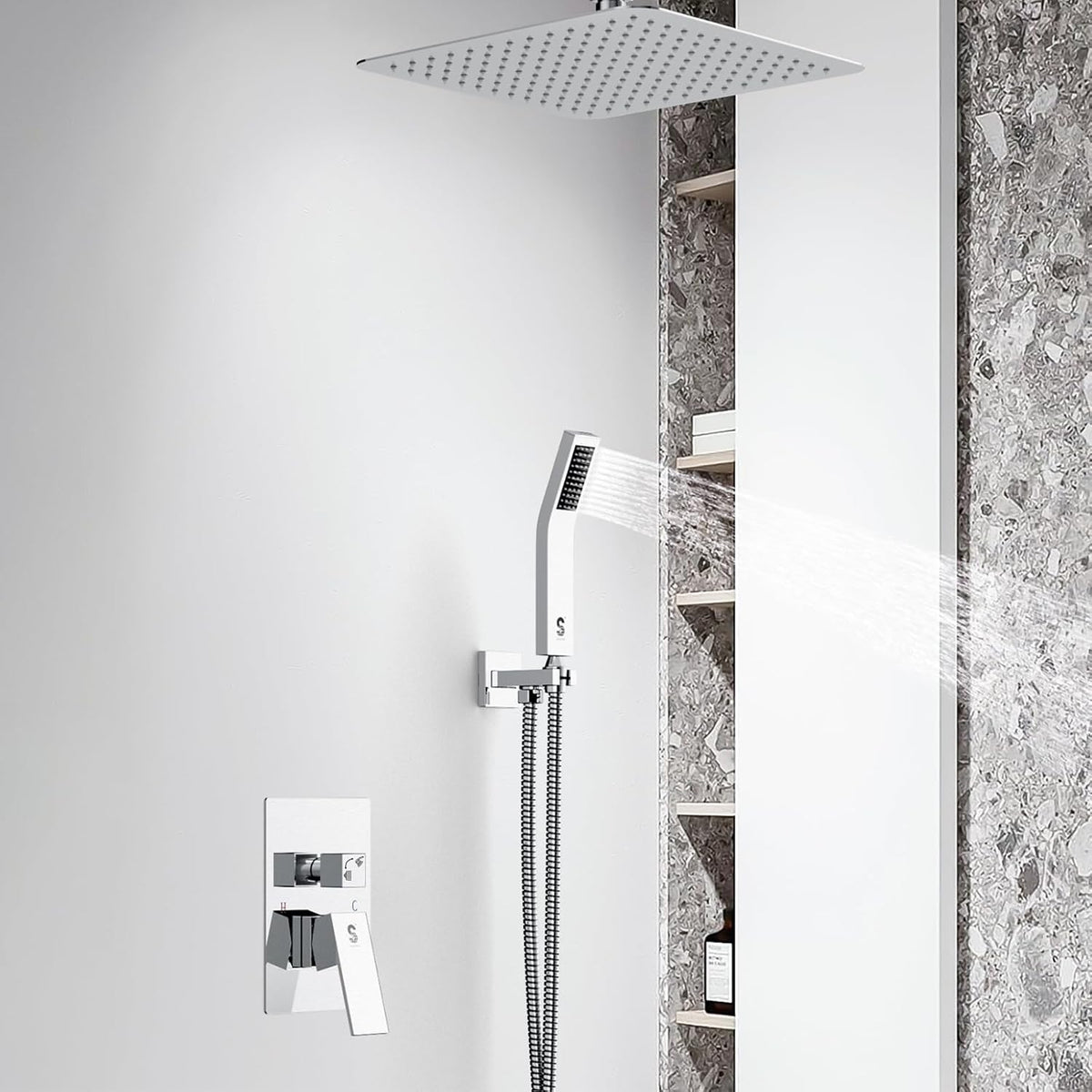 Set de dus incastrat cu para patrata de 25 cm, negru mat sau gri, cu 2 functii de curgere a apei