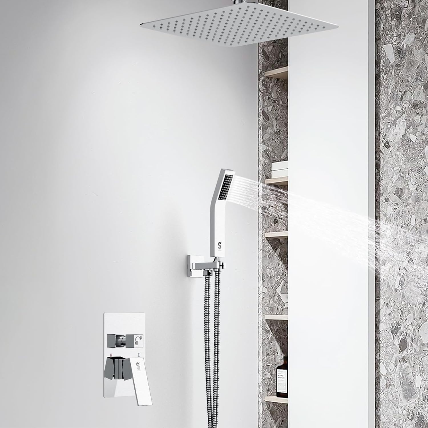 Set de dus incastrat cu para patrata de 25 cm, negru mat sau gri, cu 2 functii de curgere a apei