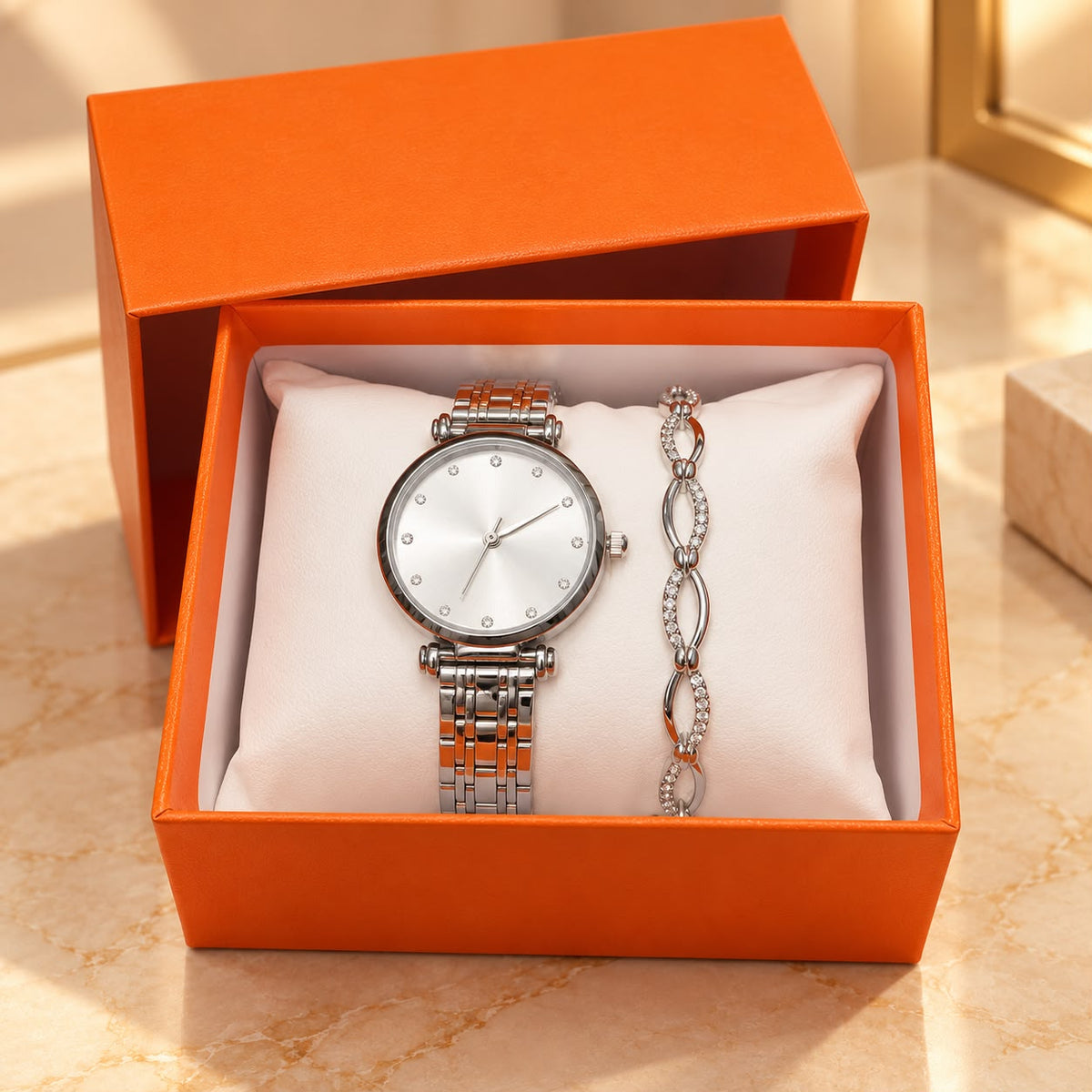 Set Cadou Elegant pentru Femei – Ceas de Mână și Brățară cu Pietre Strălucitoare, Design Modern și Rafinat, Cutie Cadou Inclusă - detaliu produs