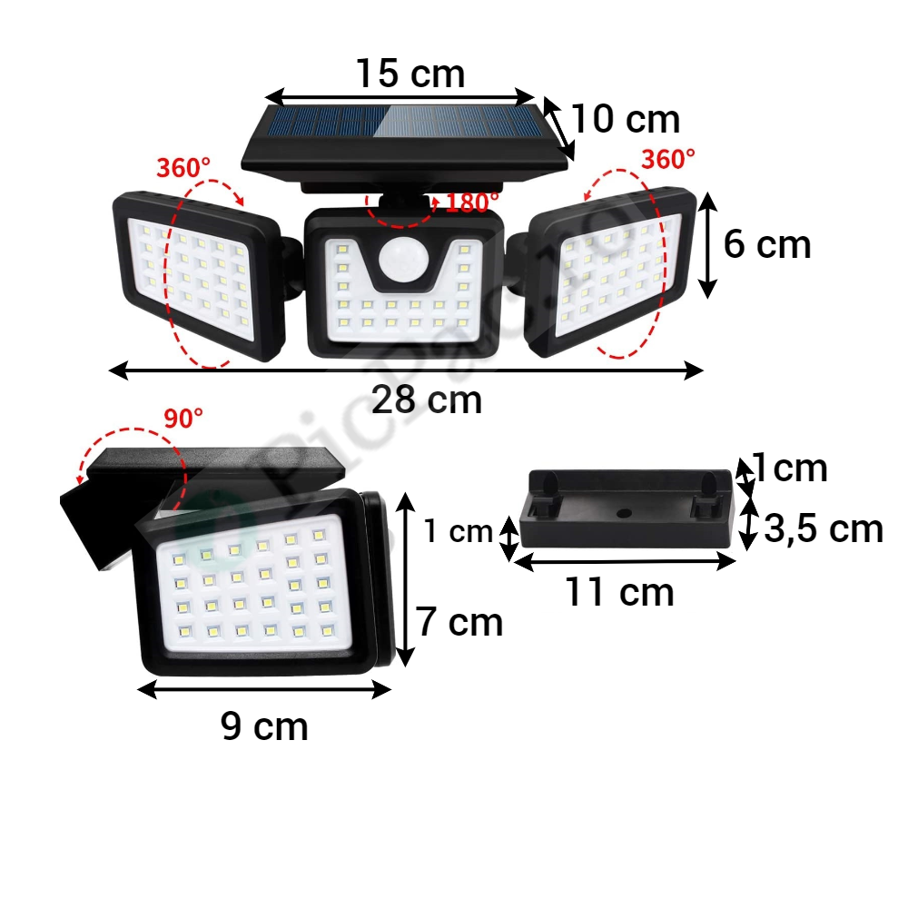 Lampa solara cu 3 capete – 74 LED-uri, 60W, incarcare solara, 3 moduri de iluminare