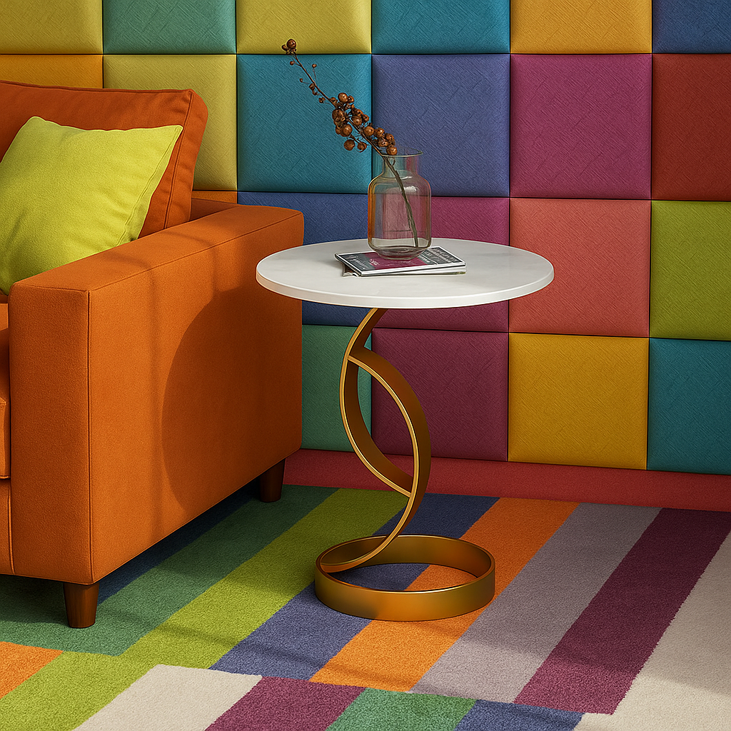 Masuta laterala moderna cu blat tip marmura si cadru metalic, design nordic slim, 50 x 33 x 55 cm