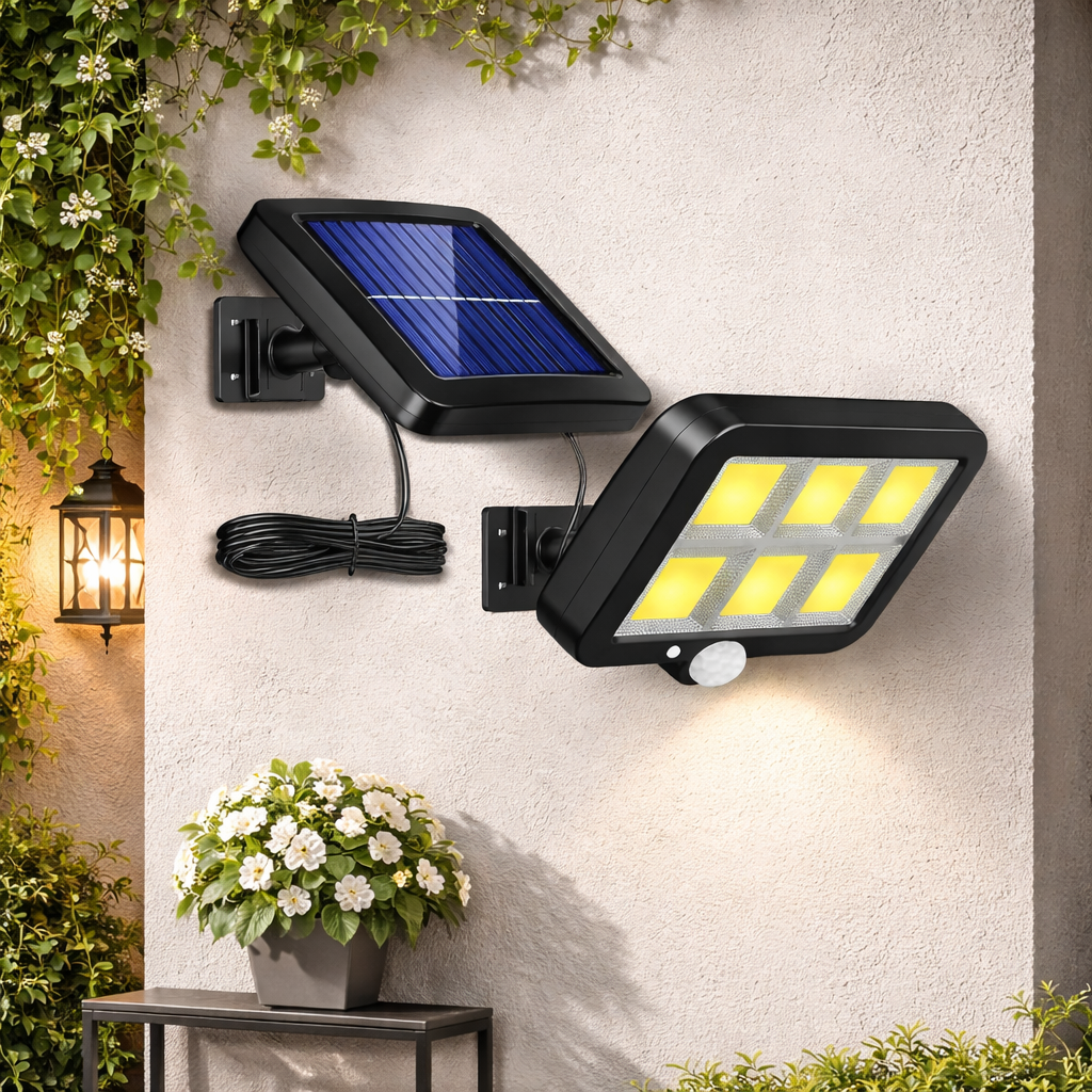 Lampa solara LED cu telecomanda, ajustabila, 6 COB LED, senzor miscare si lumina, baterie 2400 mAh, cablu 5 m, rezistenta la apa, negru
