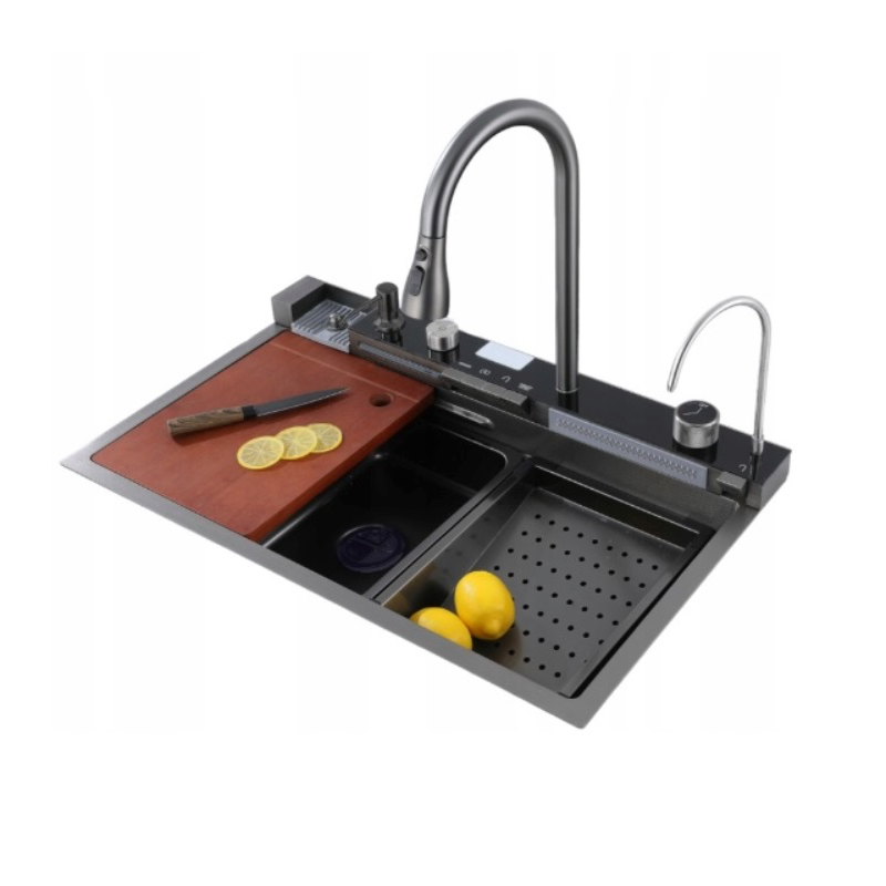 Chiuveta multifunctionala cu 2 cascade cu accesorii incluse, afisaj digital a temperaturii si robinet cascada, culoare negru grafit