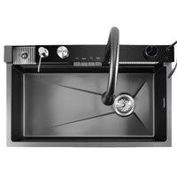 Chiuveta Bucatarie Multifunctionala Negru Grafit cu 2 Cascade, Robinet Cascada, Afisaj Digital Temperatura, Accesorii Incluse