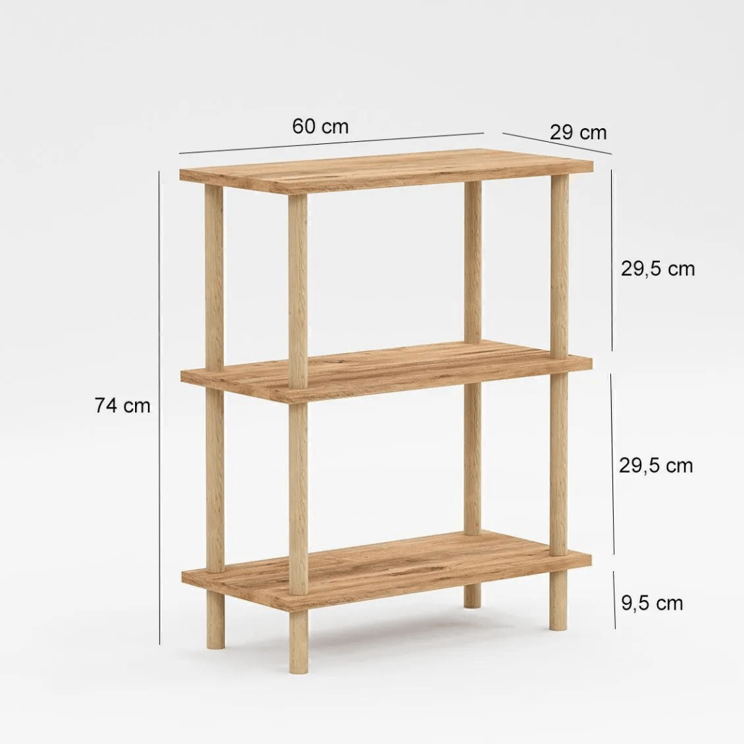 Etajera decorativa cu 3 rafturi si picioare din lemn – ideala ca biblioteca sau masuta laterala