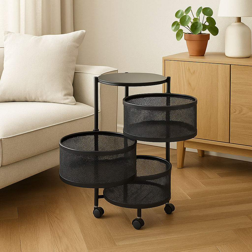 Etajera multifunctionala cu 3 rafturi metalice rotative, 60x34cm