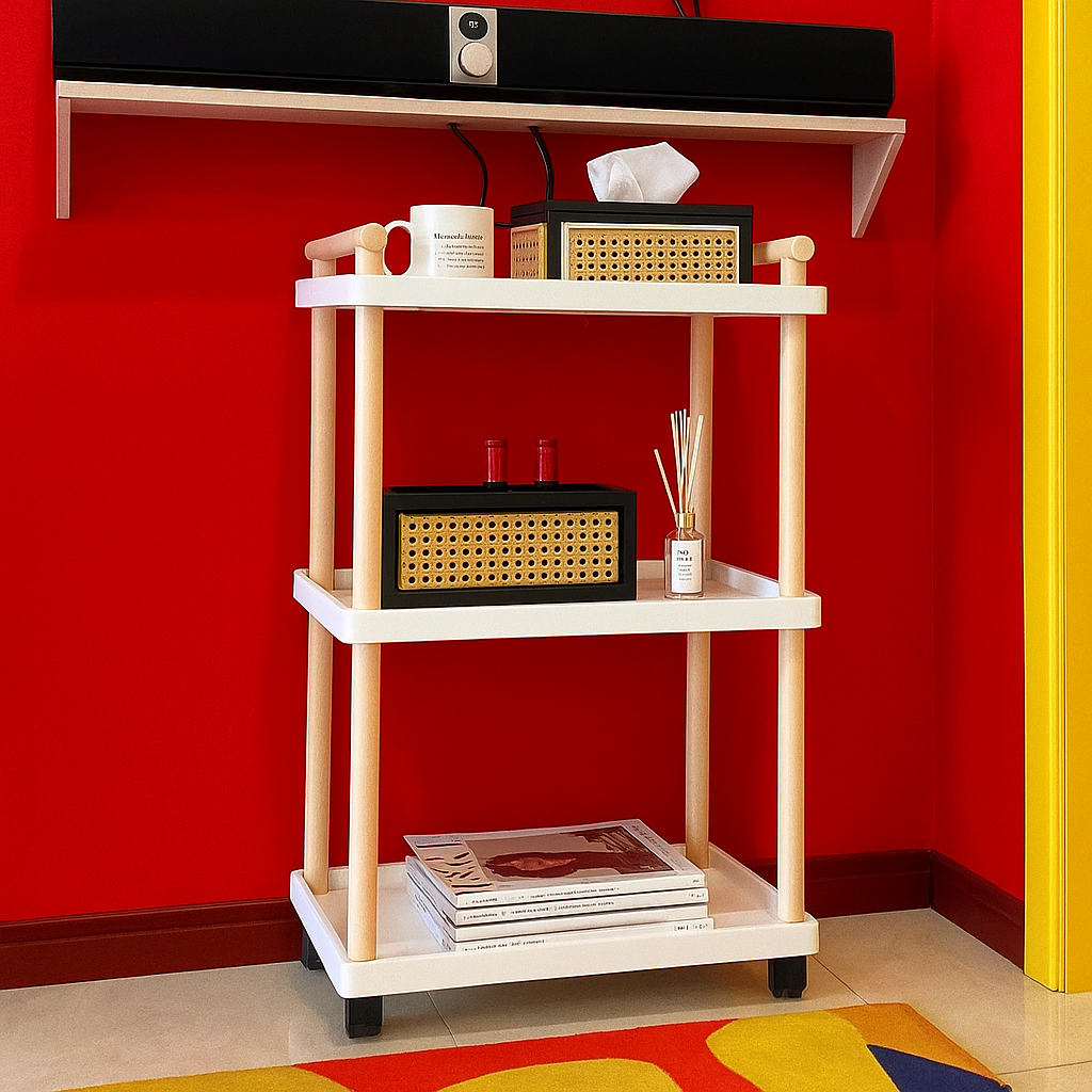 Raft mobil cu 3 polite si 4 roti rotative, suporturi din lemn natural, alb