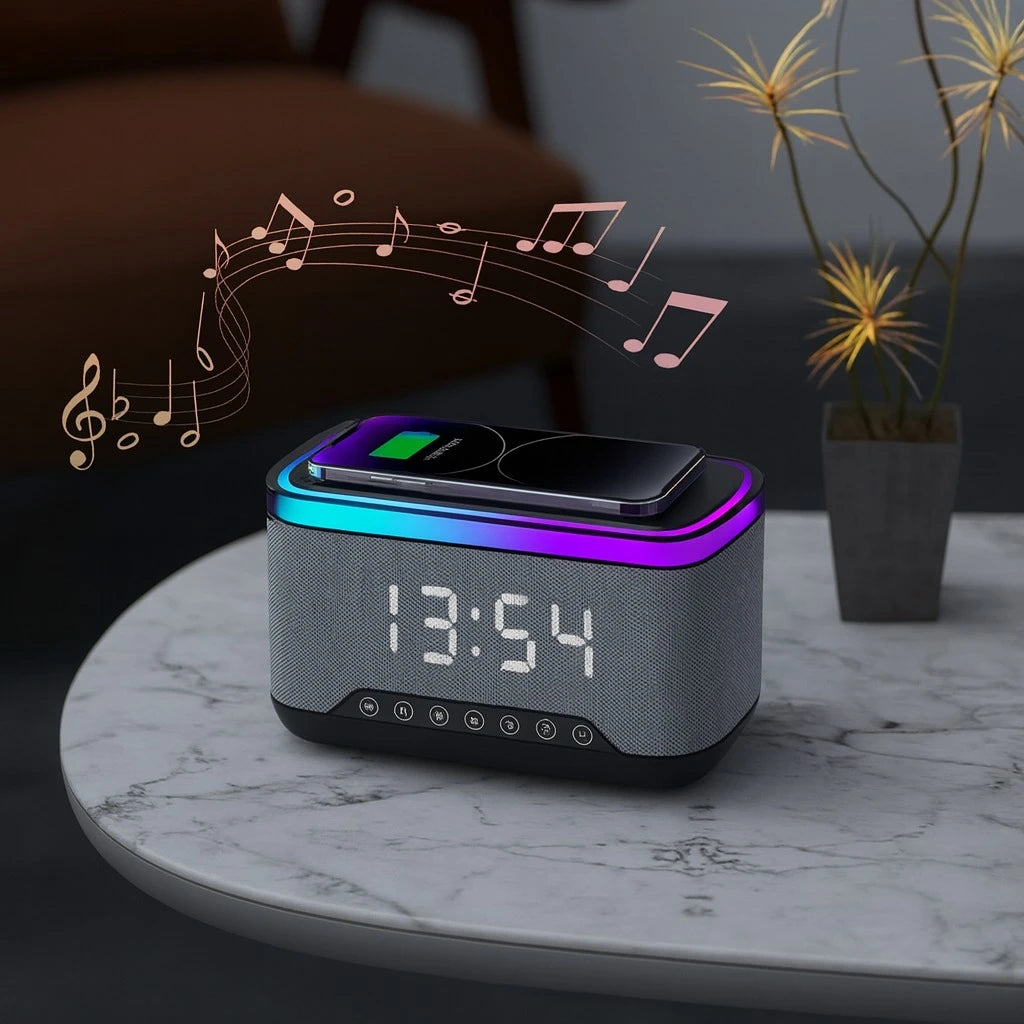 Ceas Digital 6in1 cu Incarcare Wireless 15W Boxa Bluetooth Lampa LED Radio FM - detaliu produs