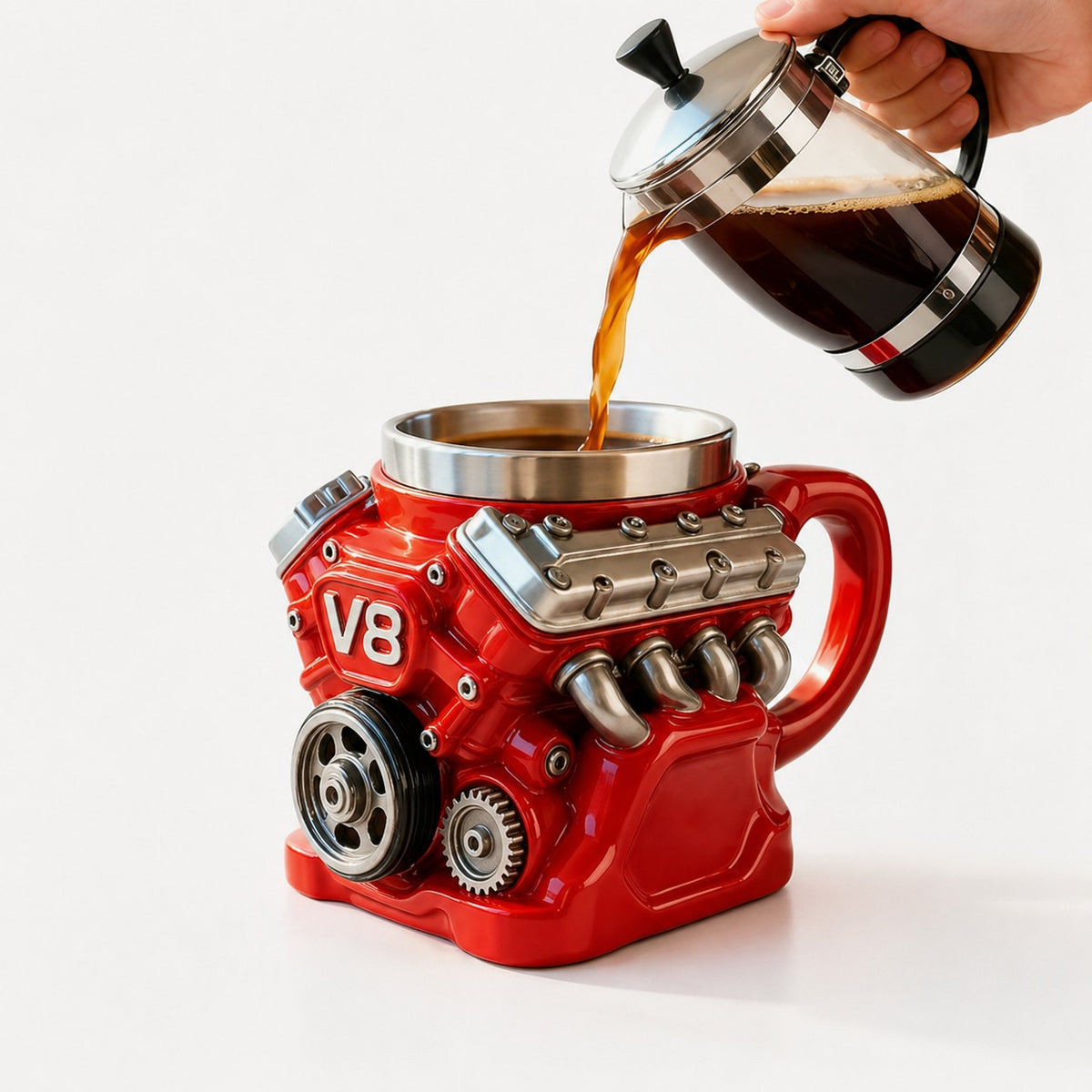 Cana V8 Engine 200 ml din otel inoxidabil cu design motor 3D mecanic
