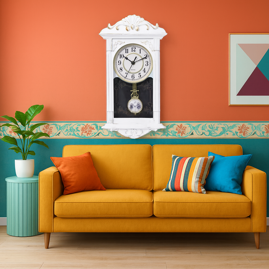 Ceas de perete vintage cu pendul, aspect lemn, 41 cm x 22 cm x 7 cm