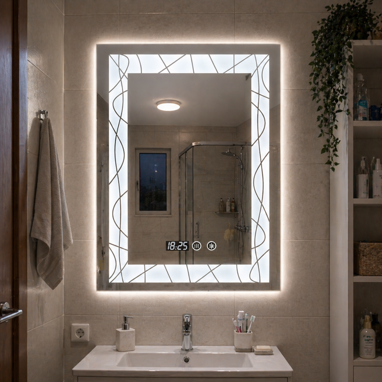 Oglinda LED 60X80 cm cu margini decorative, iluminare ambientala, touch si ceas digital