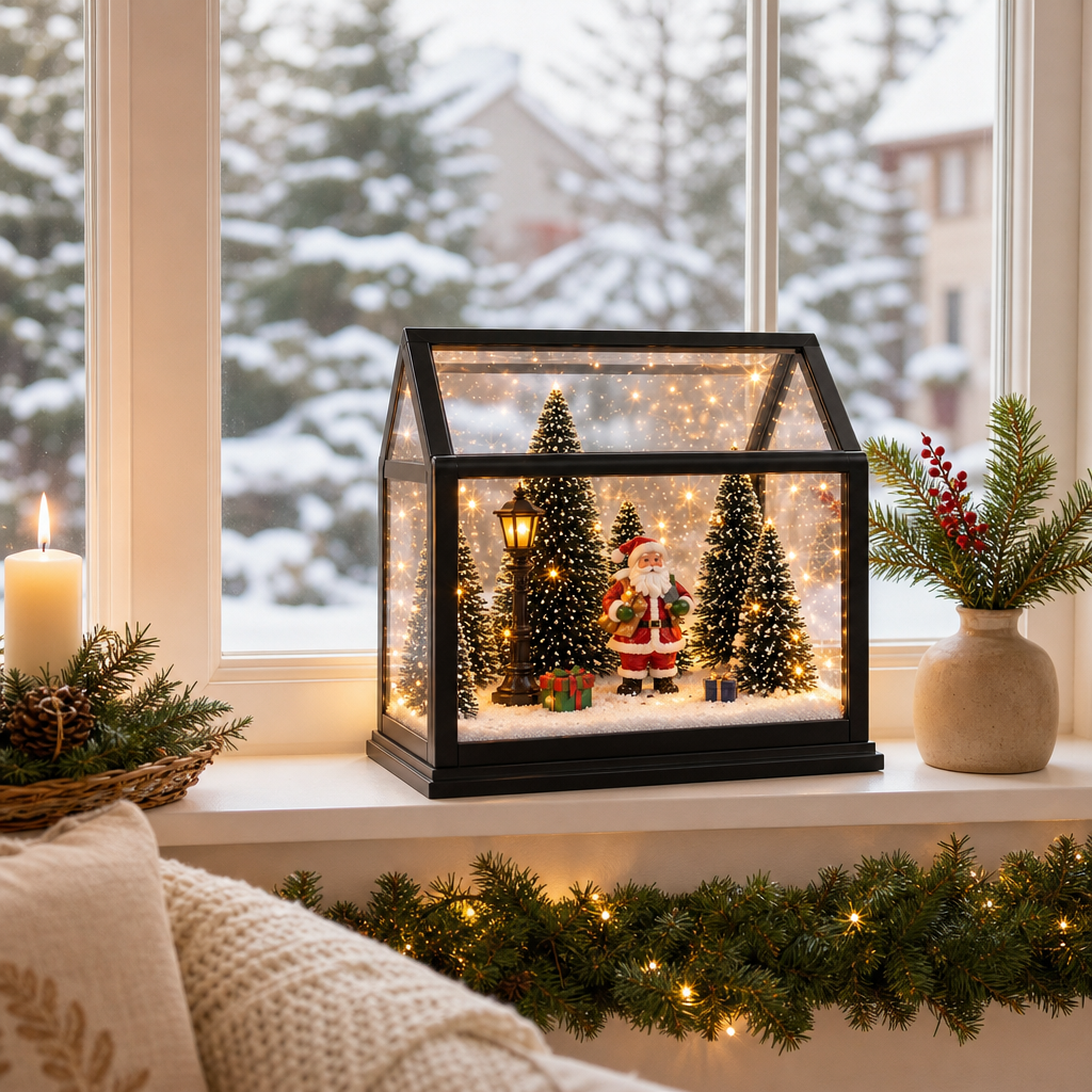 Casă Decorativă Premium de Crăciun cu Moș Crăciun, Lumină LED, Muzică și Alimentare USB/Baterii – 23 × 20 × 12 cm - imagine principala