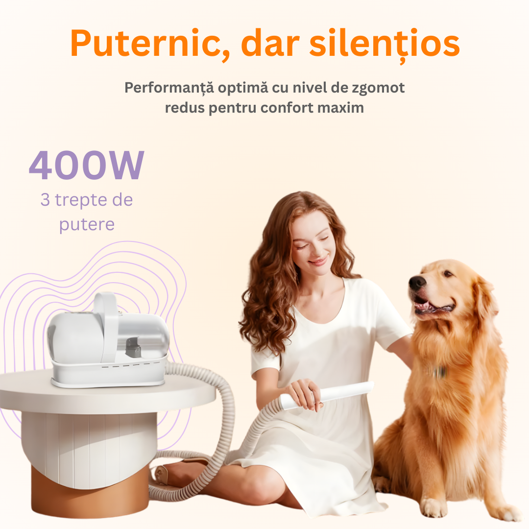 Masina de tuns animale 5 in 1 cu Aspirator integrat – Caini si Pisici, 6 dimensiuni de tuns, zgomot redus, Alb