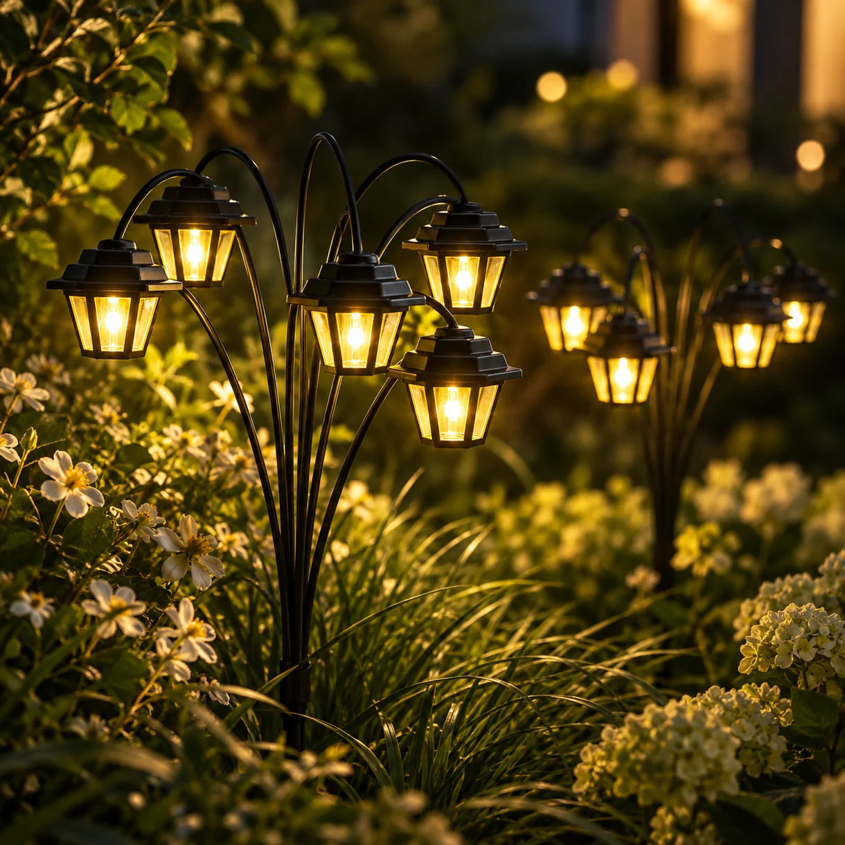 Set 2 Lampi Solare Gradina cu 6 Felinare LED Lumina Calda Aprindere Automata - in context de utilizare