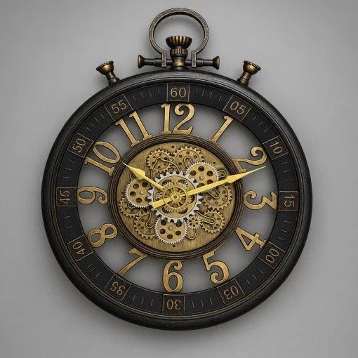 Ceas de Perete Premium Industrial Tervalion cu Mecanism Rotativ Vizibil, Design Vintage – Diametru 60 cm - detaliu produs
