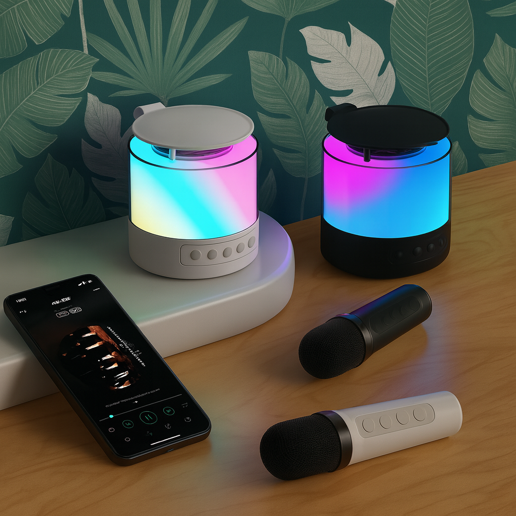 Boxa cu 2 Microfoane, Portabila, cu jocuri de lumini,RGB, rotunda, karaoke Smart copii, difuzor Wireless,