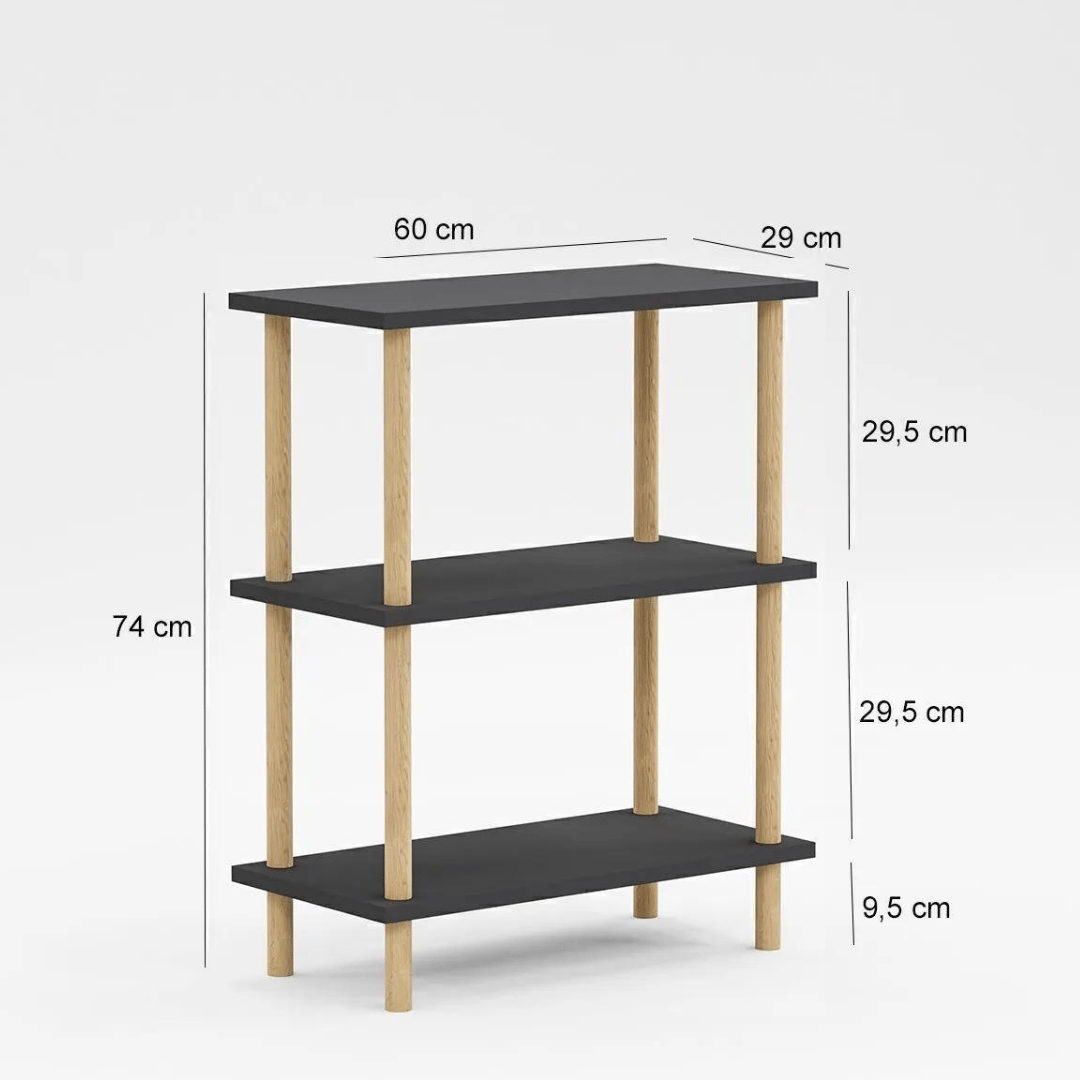 Etajera decorativa cu 3 rafturi si picioare din lemn – ideala ca biblioteca sau masuta laterala