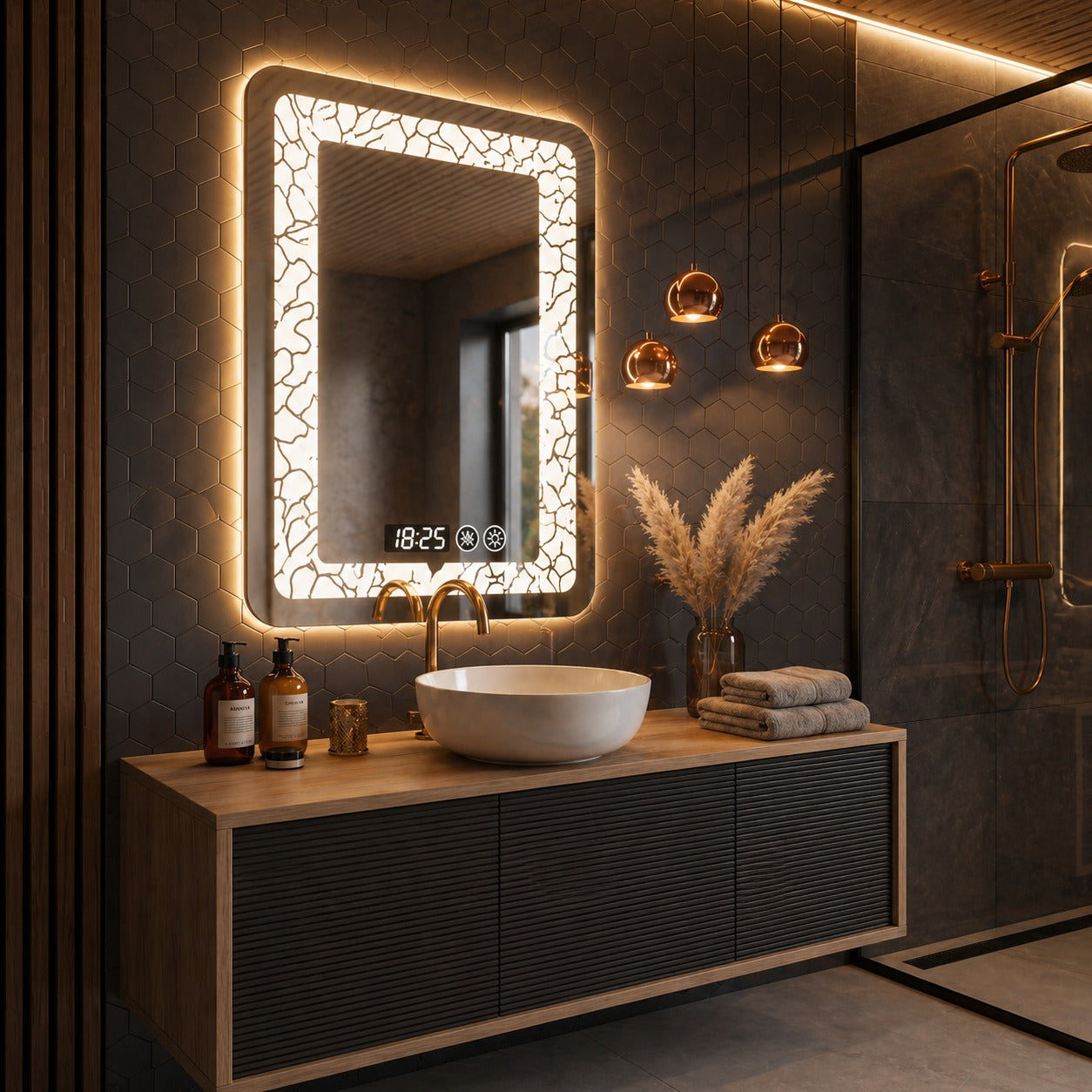 Oglinda LED 60x80 cm cu margini decorative iluminare 3 culori touch antiaburire ceas digital