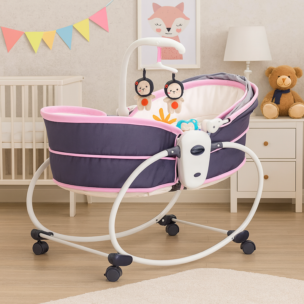 Balansoar 5 in 1 cu vibratii pentru copii si bebelusi, transformabil in landou si scaun copii, cu melodii, Mov