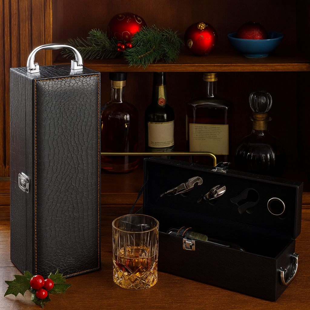 Set Cadou Cutie din Lemn pentru Sticla de Vin cu Accesorii – Elegant si Premium