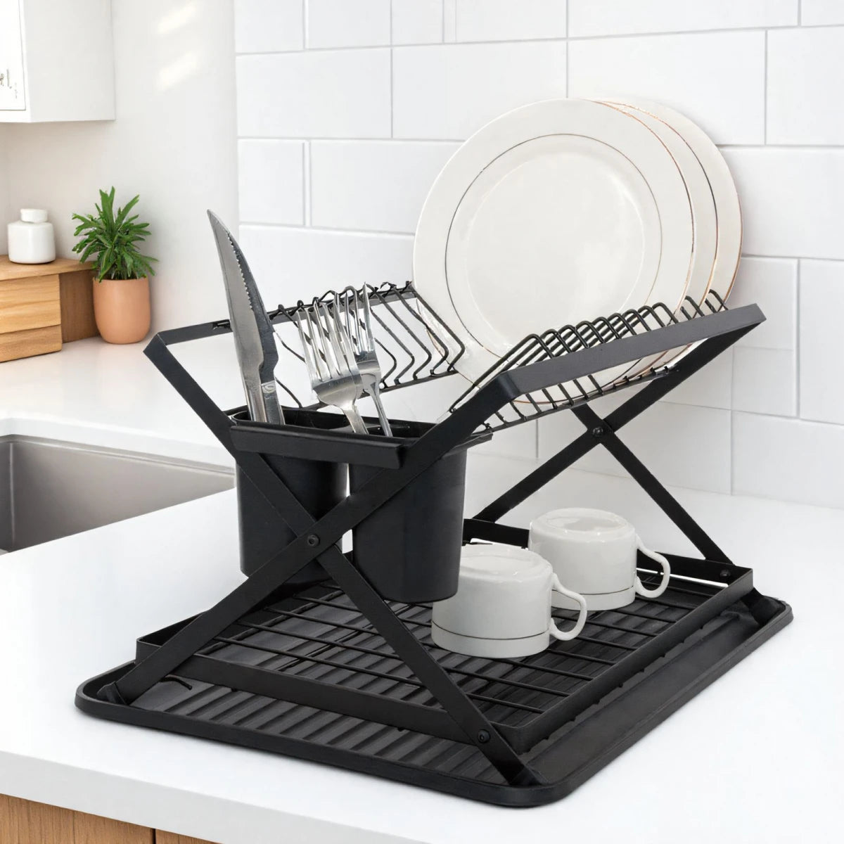 Scurgator vase cu 2 nivele, pliabil, sistem de scurgere, 42 (L) cm x 30 (l) cm x 29.5 (H) cm, negru