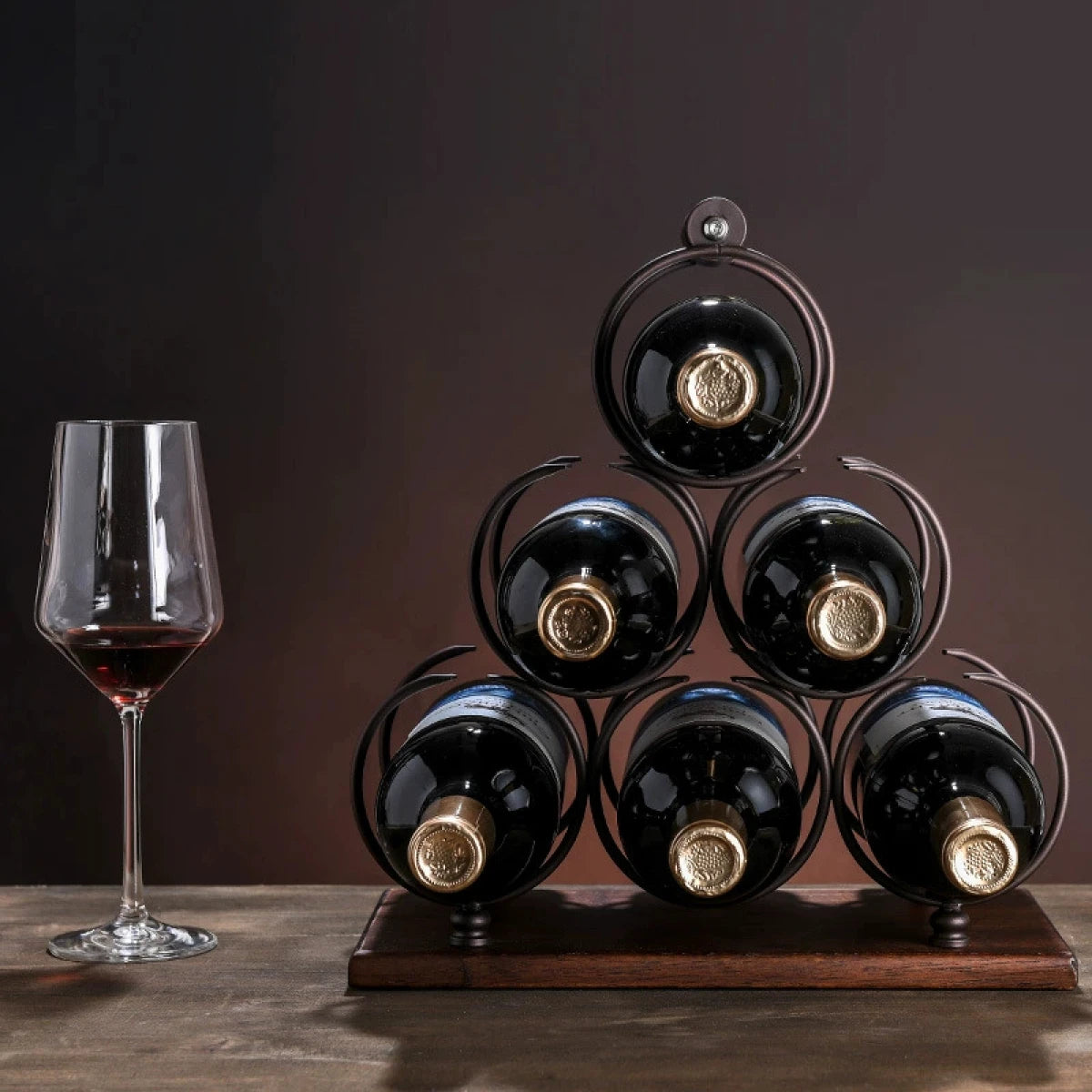 Suport pentru 6 sticle de vin, design modern, lemn natural si otel, 32.5 x 16 x 30 cm