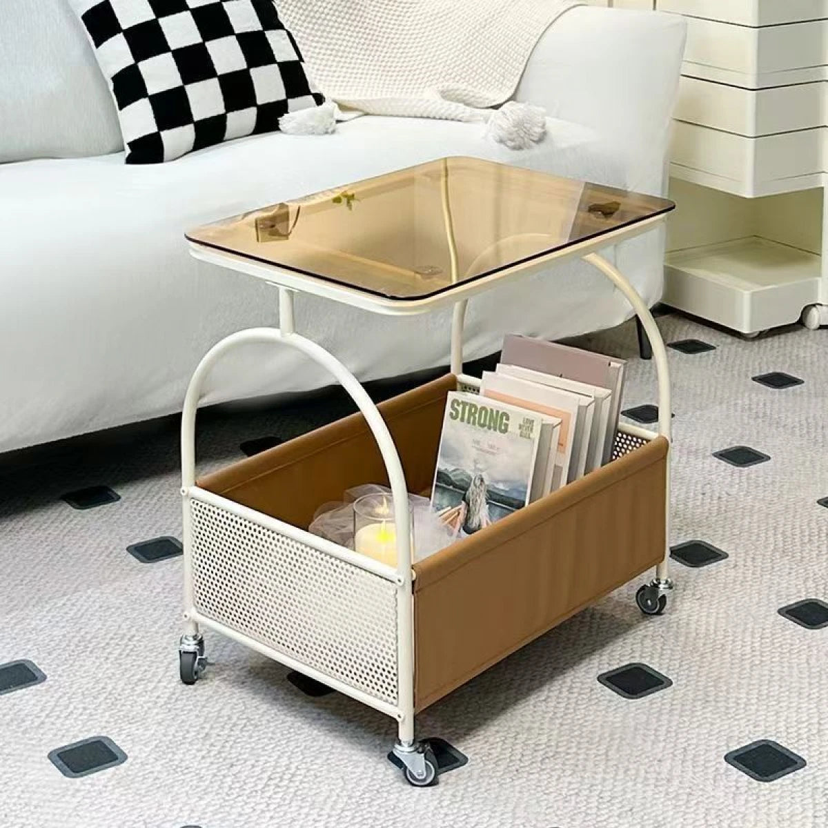 Masuta portabila cu compartiment pentru depozitare, blat din sticla, cadru metalic, 53 x 55 x 36 cm