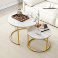 RESIGILAT - Set 2 masute rotunde de cafea cu efect de marmura, blat MDF, cadru metalic auriu, 70x45 cm si 50x38 cm