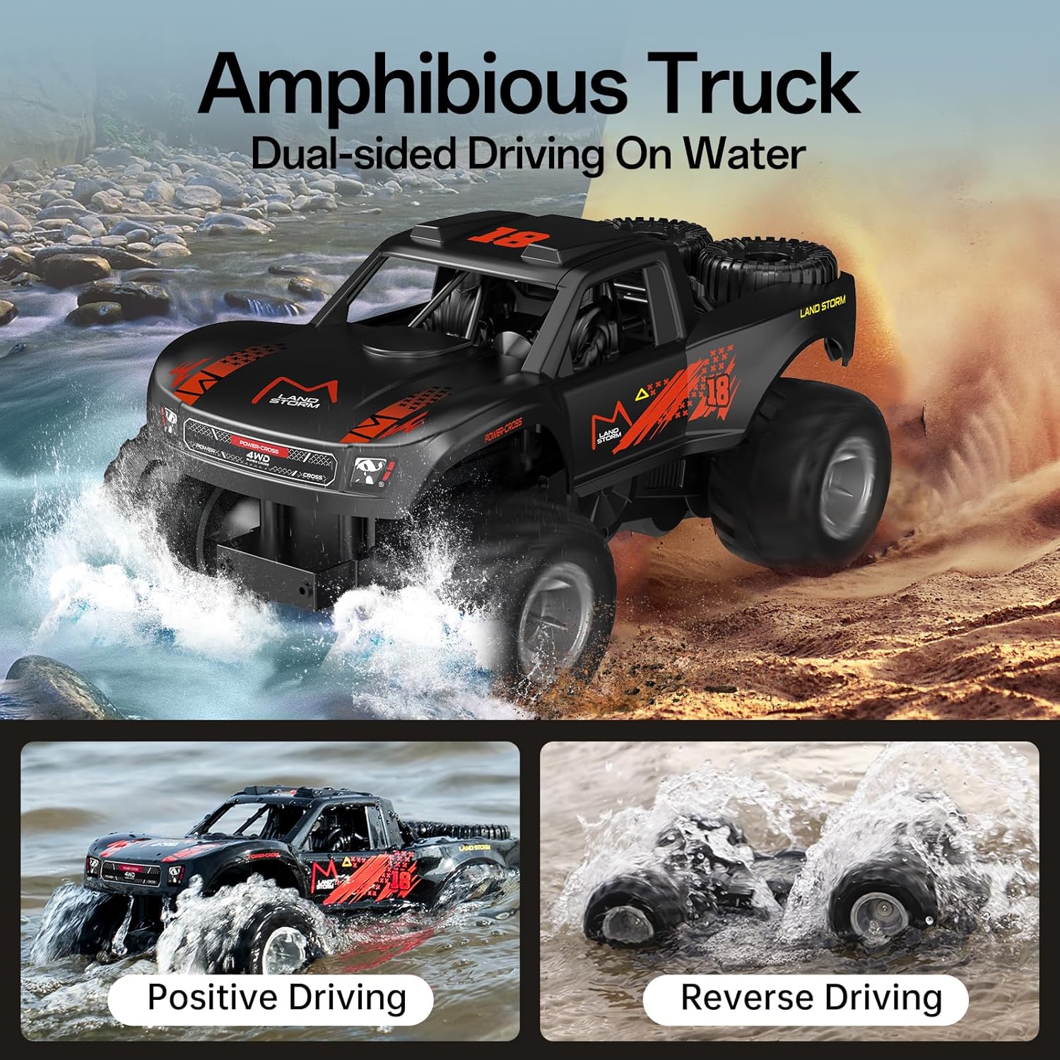 Masina cu telecomanda 2.4Ghz, 4WD, pentru uscat, apa si zapada, scara 1:16, tractiune 4x4