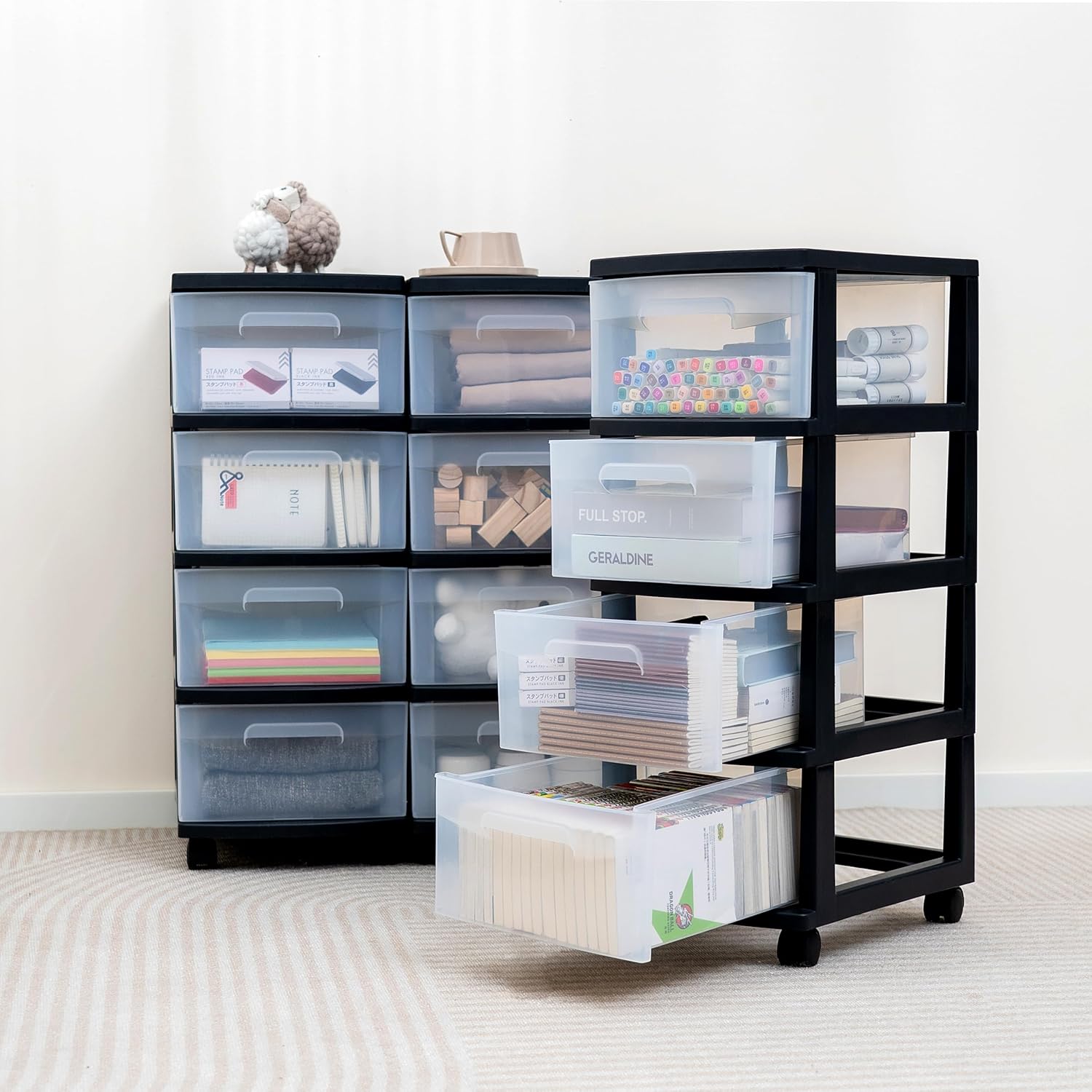 Dulap pe roti cu sertare transparenter, 4 x 20 L, Transparent