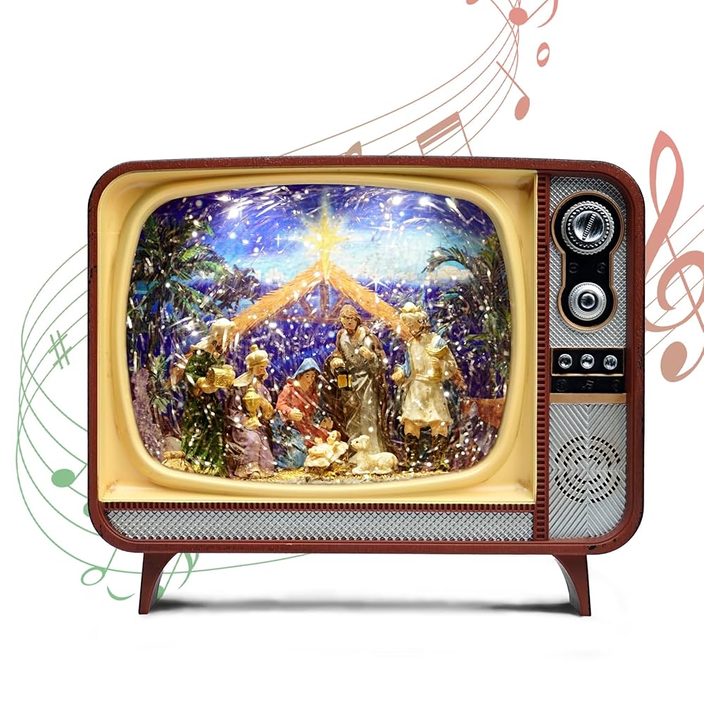 Decoratiune muzicala retro in stil TV cu scena de Craciun 20,83 x 11,94 x 17,27 cm