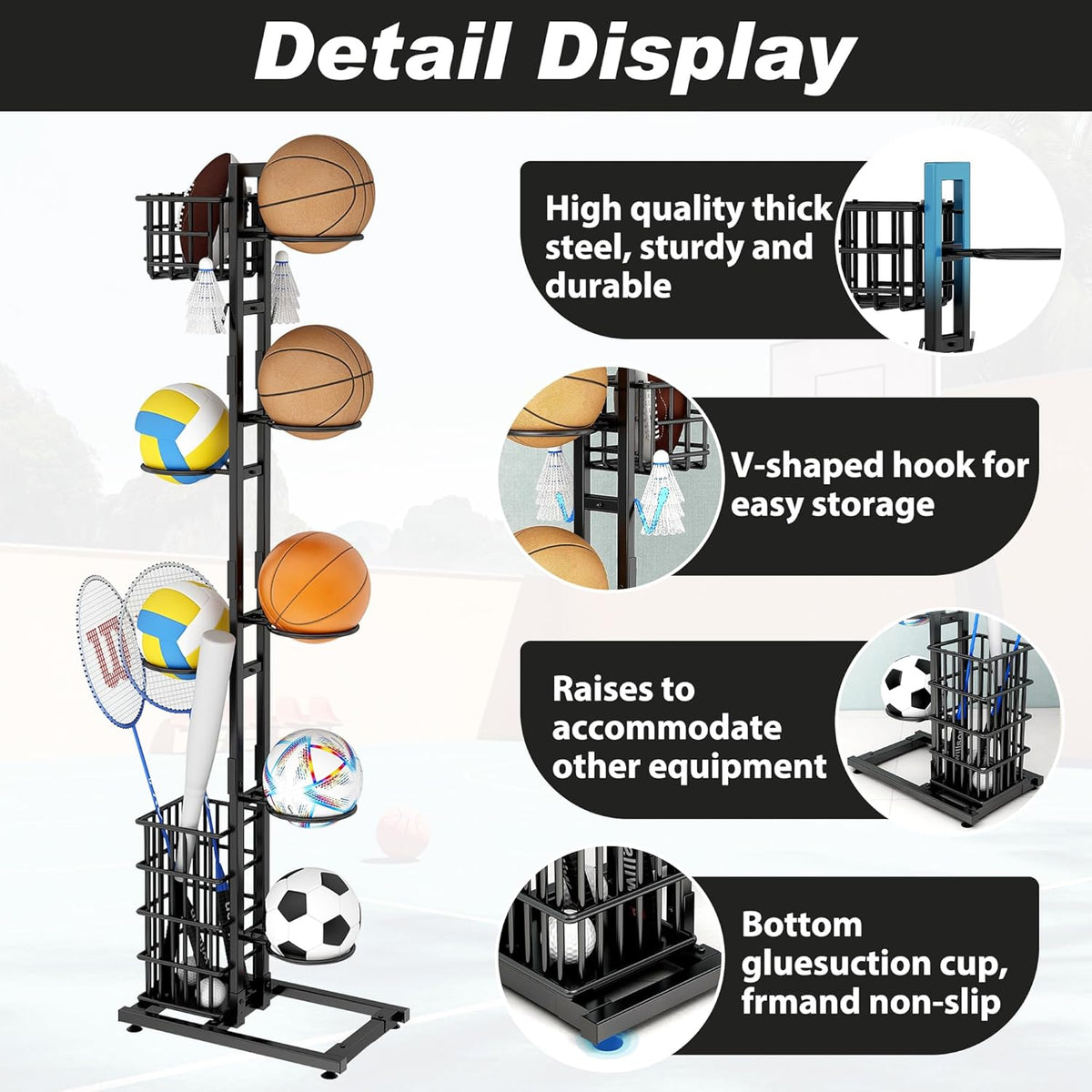 Raft de depozitare multifuncțional pentru echipamente sportive cu 7 rafturi, carlige si cos