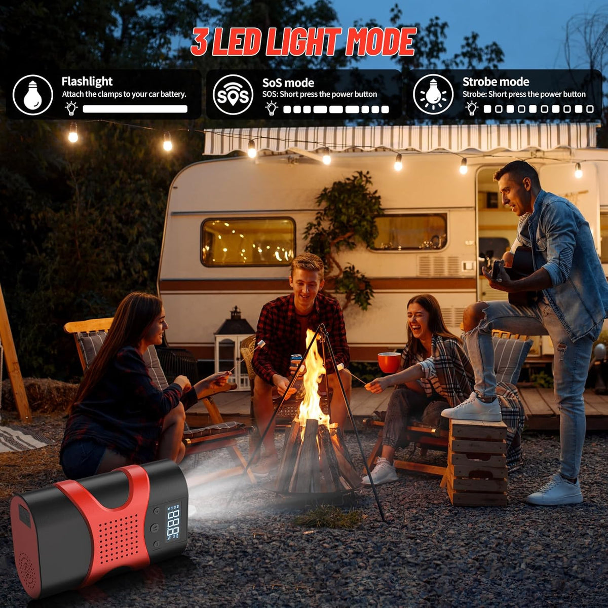 Starter auto multifunctional, portabil, 12000mAh powerbank, cu compresor, USB, afisaj LCD, lanterna, pornire auto