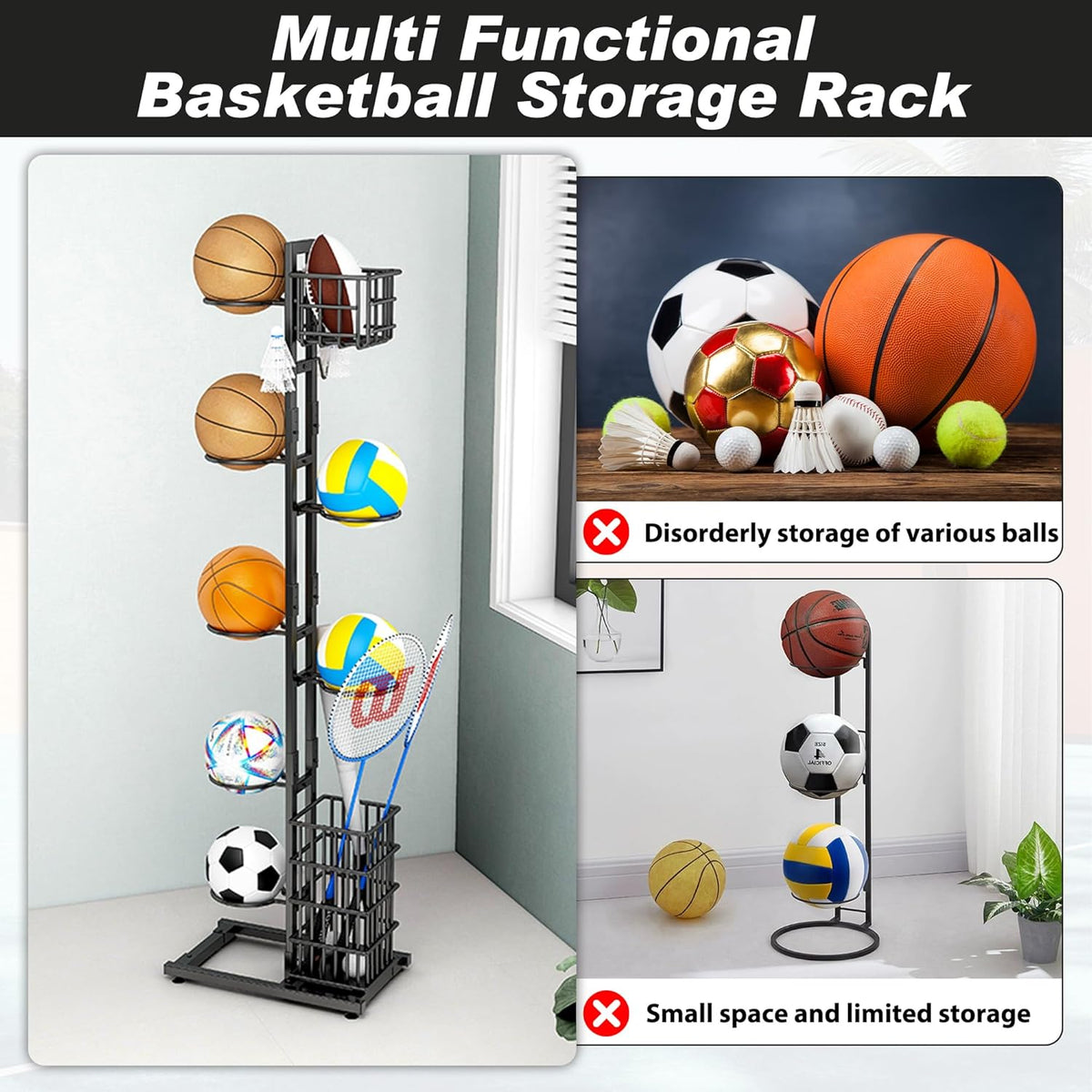 Raft de depozitare multifuncțional pentru echipamente sportive cu 7 rafturi, carlige si cos