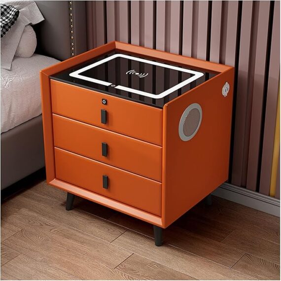 Noptiera inteligenta cu incarcare wireless, iluminare LED, 3 sertare, port USB si port Type-C, difuzor Bluetooth si inchidere prin amprenta – culoare portocalie, design modern din sticla si lemn