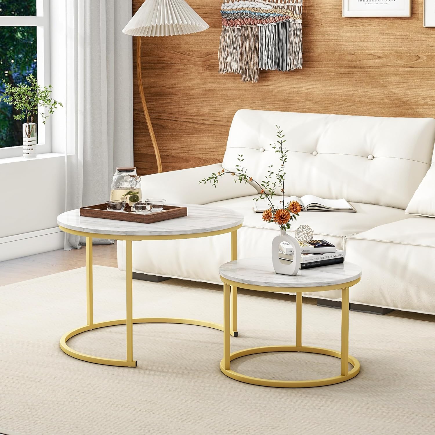 Set 2 masute rotunde de cafea cu efect de marmura, blat MDF, cadru metalic auriu, 70x45 cm si 50x38 cm