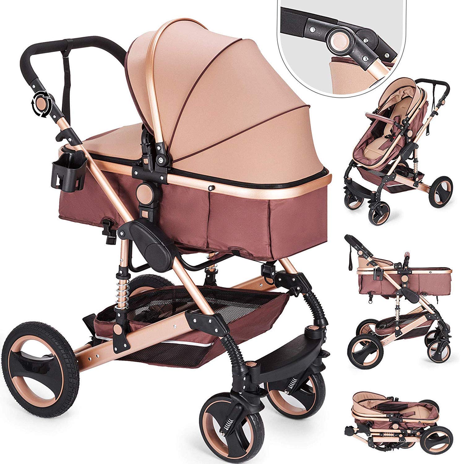 Carucior 2 in 1 pentru copii, pliabil, cu suspensii, transformabil landou-sport, 0-36 luni, cos pentru accesorii