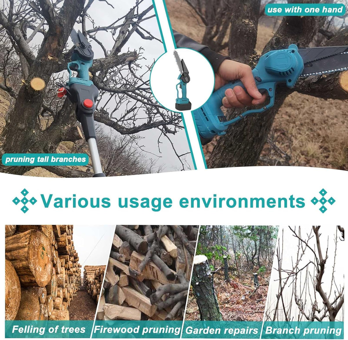 Set foarfeca gradina si mini drujba, 2 acumulatori 48V, cu brat 2.13m telescopic