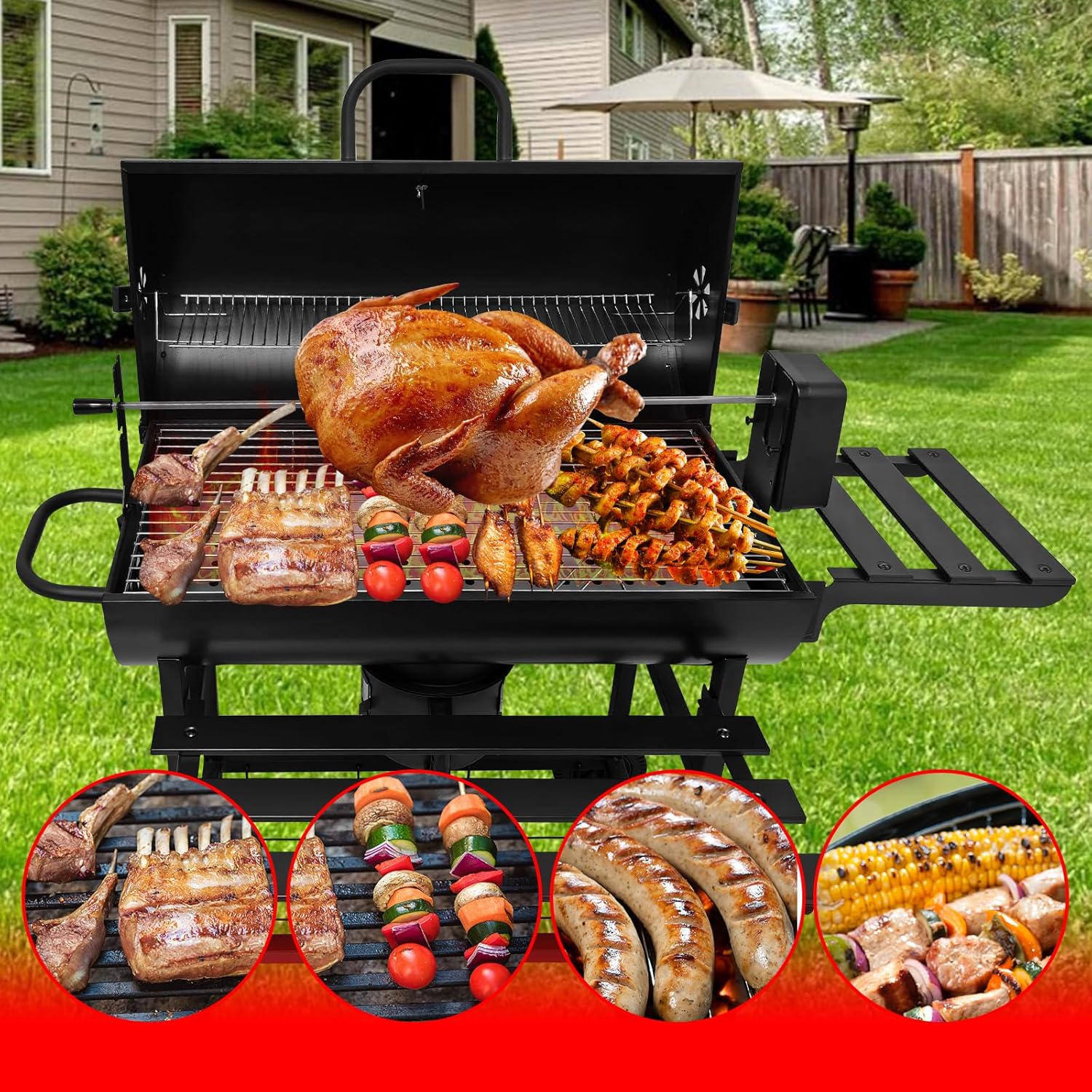 Gratar cu capac si termometru 105,5x85x118 cm – rafturi laterale, roti si aerisire reglabila